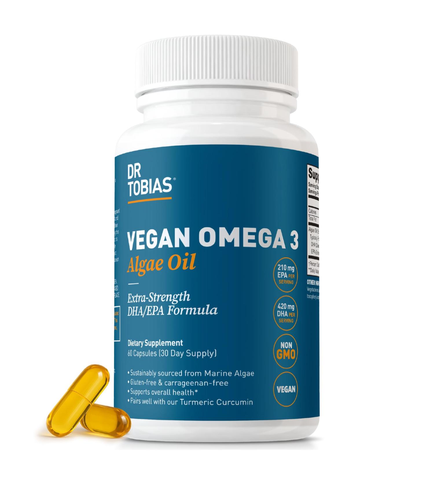 Dr. Tobias Vegan Omega 3 Supplement 1400mg Algae Oil 420mg DHA and 210mg EPA per Serving Non-GMO Gluten-Free Carrageenan-Free 60 Capsules 30 Servings 60 Count (Pack of 1) - Buy Online on GoSupps.com