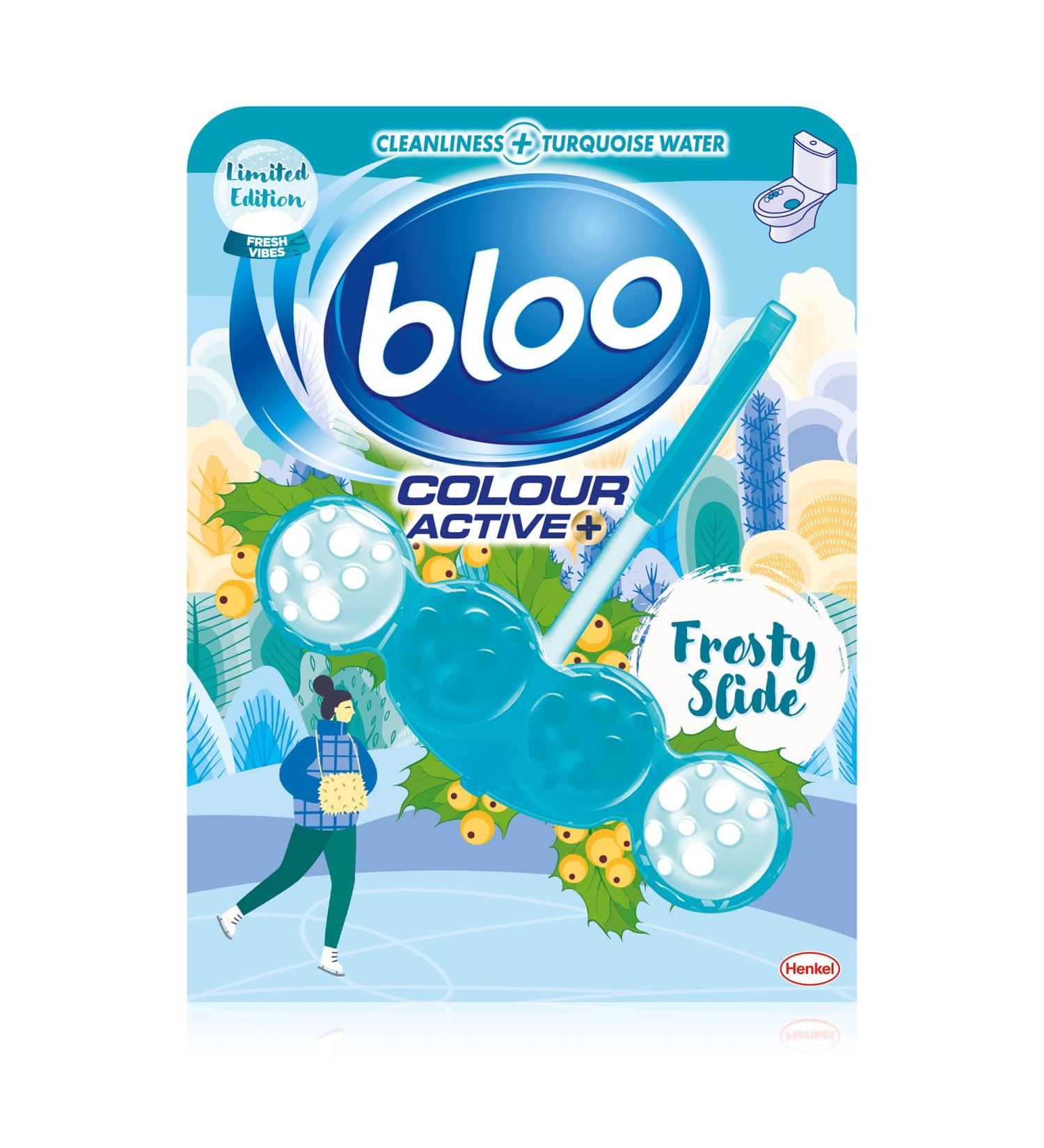 Bloo Limited Edition Frosty Slide Turquoise Coloured Water with Anti-Limescale Cleaning Foam Dirt Protection and Extra Freshness 1 x Toilet Block
