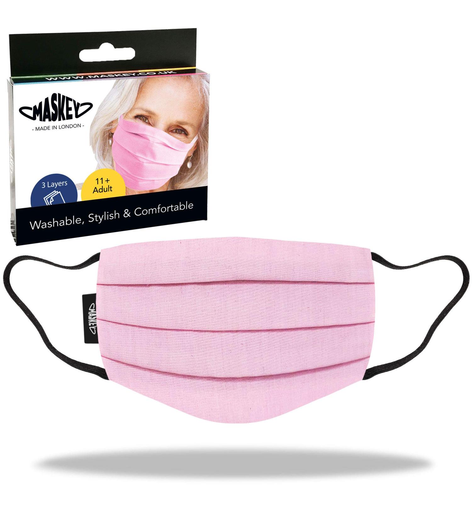 MASKEY Pink Washable Reusable Face Mask | 3 Layers Blended Cotton | Unisex & Stylish | Made in London UK | Lasts 100+ Washes - Buy Online on GoSupps.com