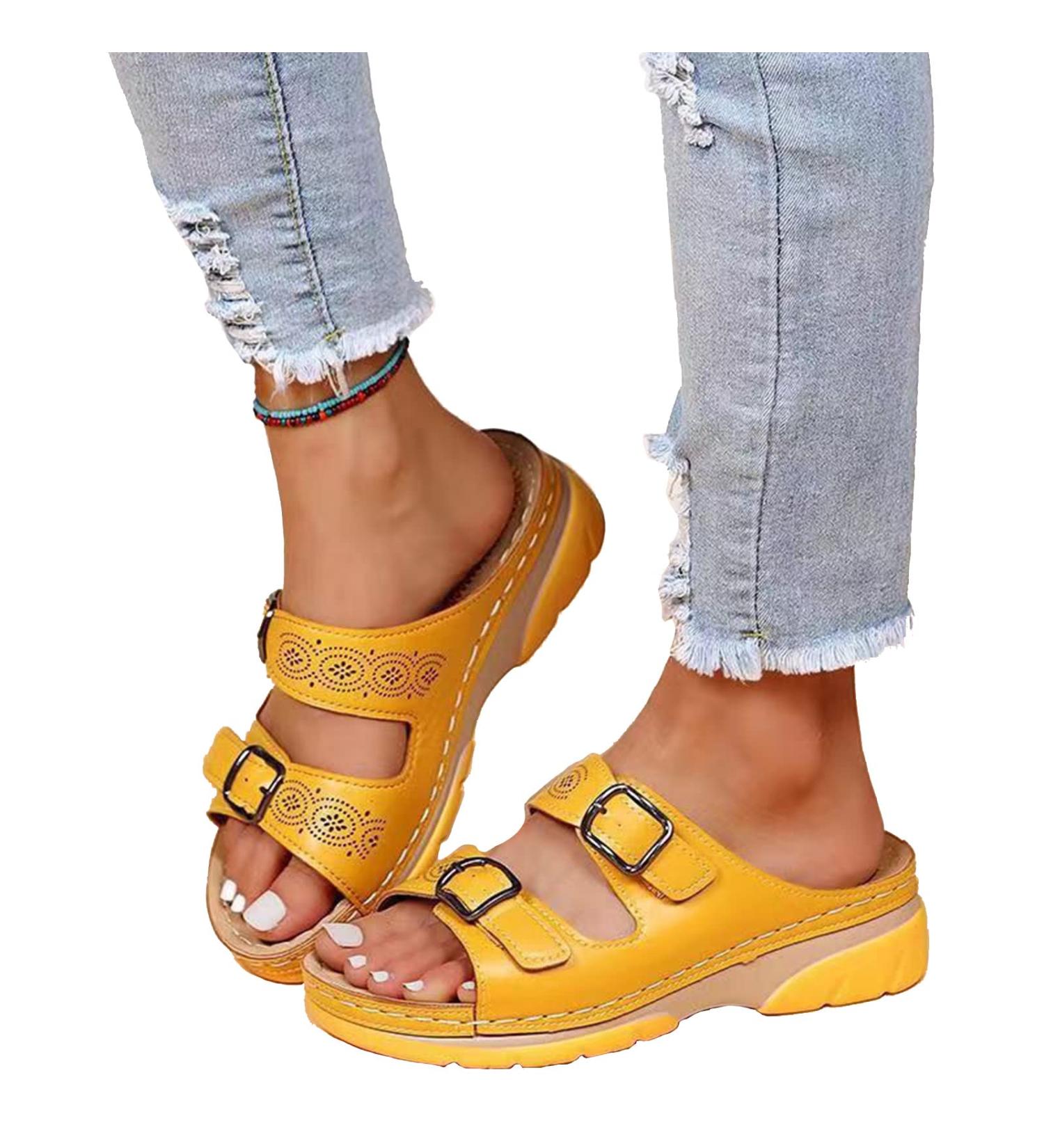 Cinvoma Women Leather Sandals - Orthopedic Arch Support Yellow Sandals (Size 43) - Buy Online on GoSupps.com