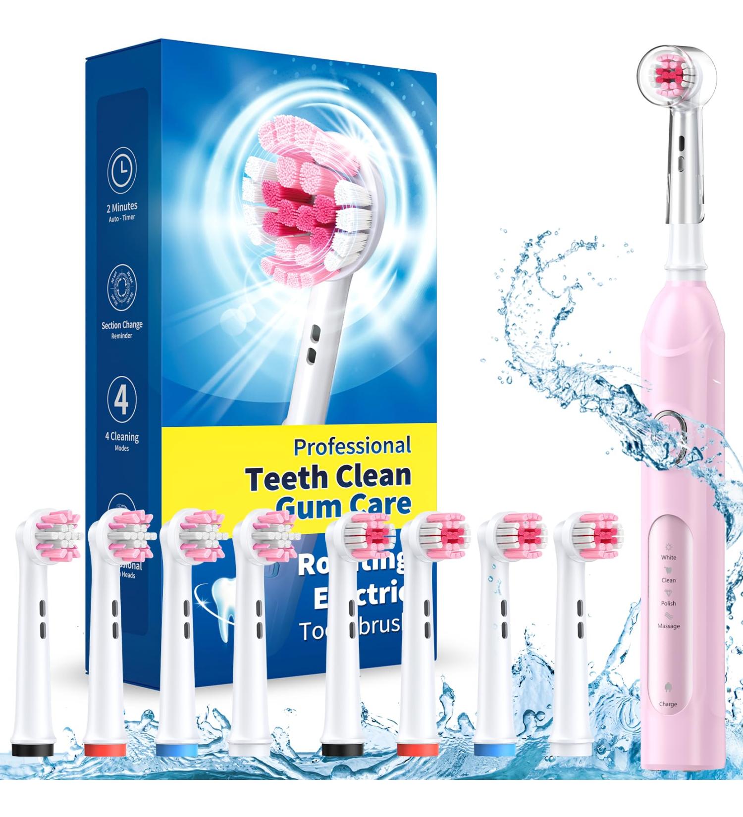 Rotating Electric Toothbrush for Adults with 8 Brush Heads (2 Types) 4 Modes Deep Clean Electric Toothbrush with Rechargeable Power and 2 Min Smart Timer Pink 2-pink - Buy Online on GoSupps.com