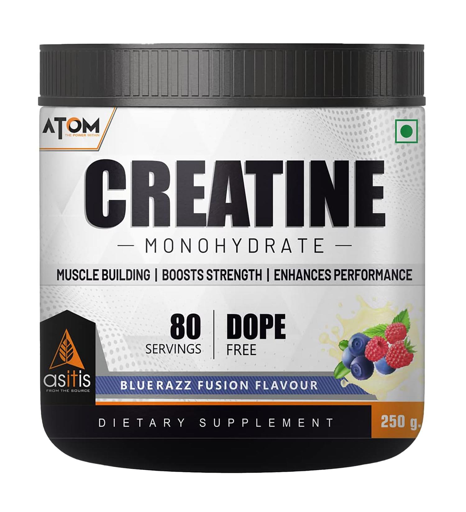 Asitis Nutrition Atom Creatine Monohydrate 250g - 80 Servings Gluten-Free Blue Razz Flavor Enhances Performance & Muscle Gains - International Shipping Available - Buy Online on GoSupps.com