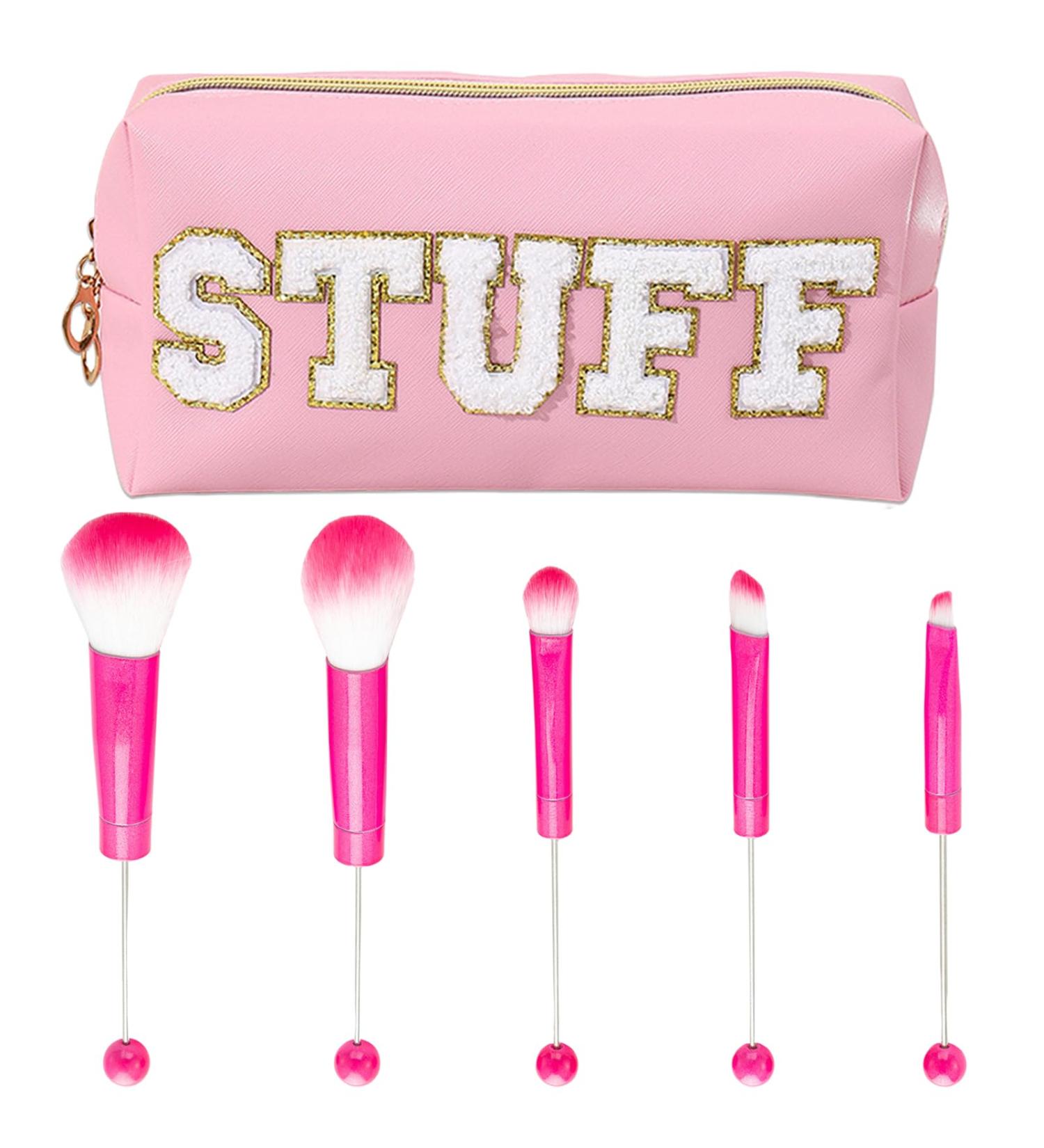 Beadable Makeup Brushes & Chenille Cosmetic Bag Kit - DIY Beaded Eyeshadow Brush Set with Pink Pouch - Buy Online on GoSupps.com