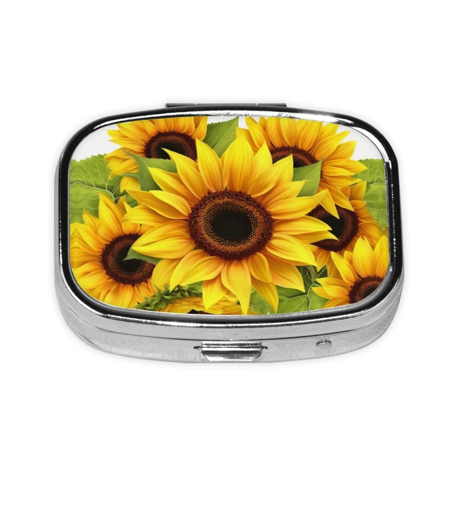 Sunflower Printing Small Pill Case - Cute 2 Compartment Travel Pill Organizer for Pocket & Purse - Perfect Gift - Buy Online on GoSupps.com