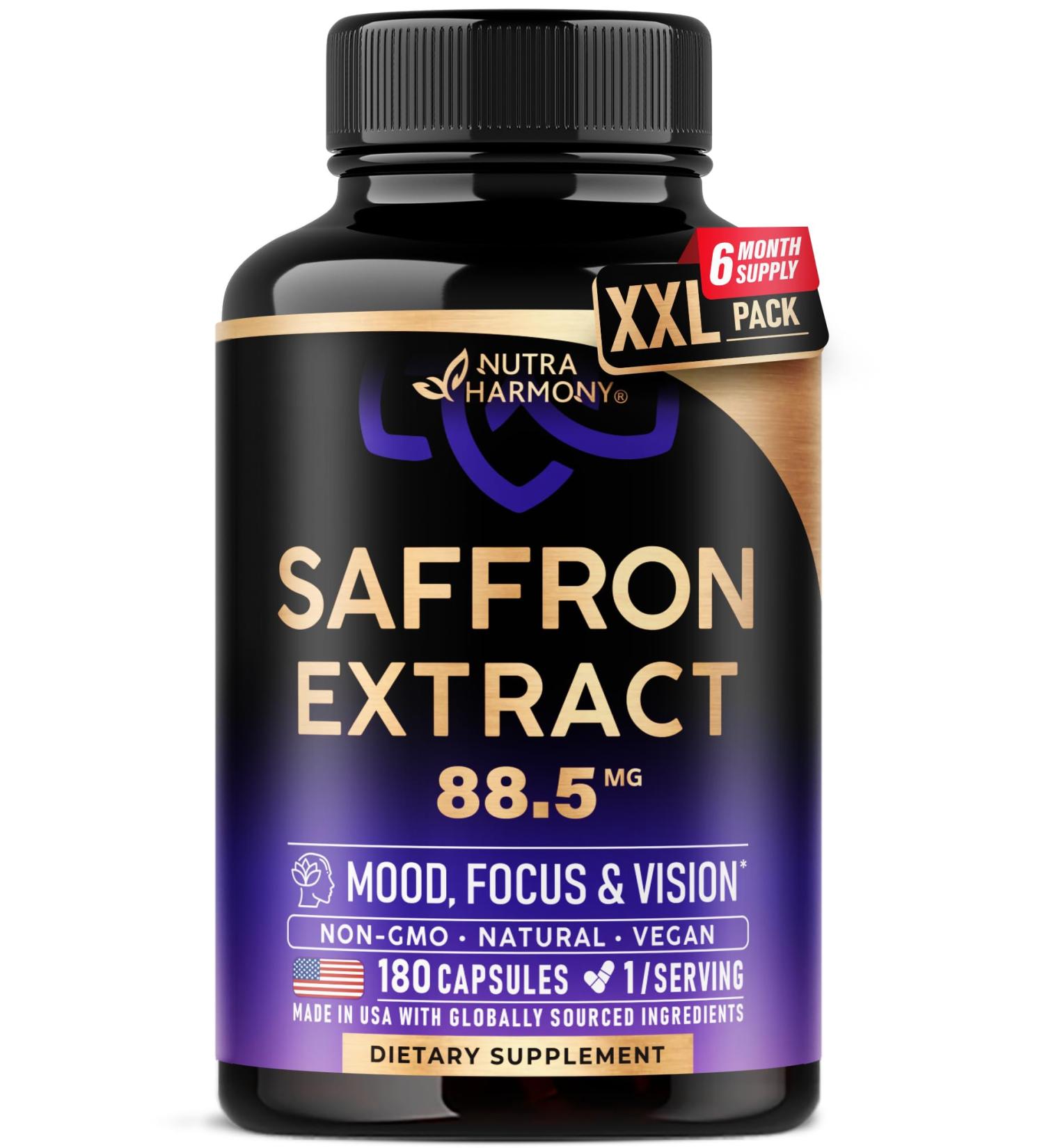 Natural Saffron Supplements - Pure Saffron Extract 88.5 mg - Made in USA - Mood | Focus | Vision | Energy Support - Eye Health for Women & Men - NonGMO Vegan Pills - 180 Powder Capsules Unflavored 180 Count (Pack of 1) - Buy Online on GoSupps.com