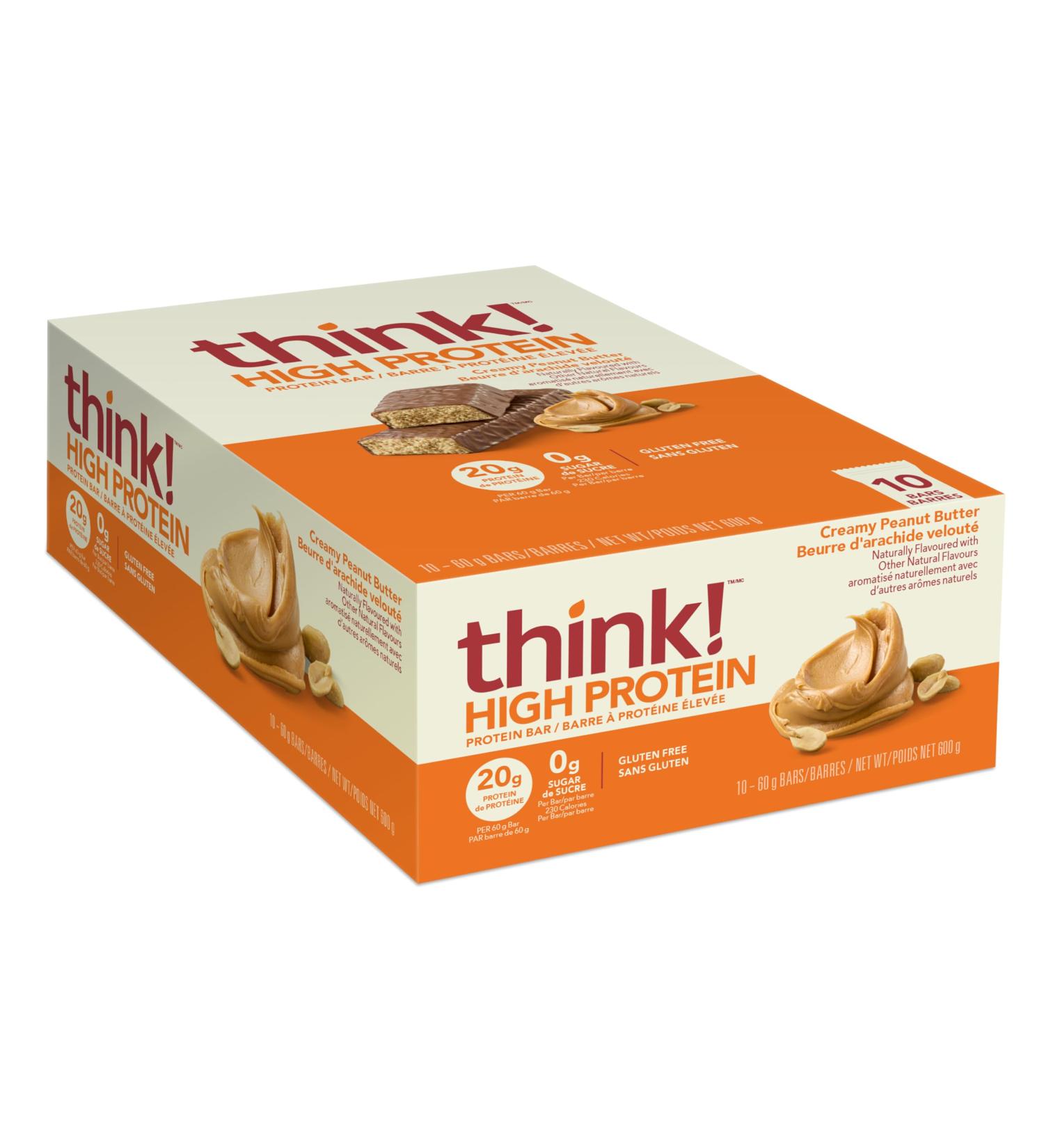 think! High Protein Bar 20g Protein per bar Zero sugar Gluten Free Low GI Creamy Peanut Butter 10 count-box 60g per bar Convenient On-the-go Delicious & Nutritious Snack (packaging may vary) - Buy Online on GoSupps.com