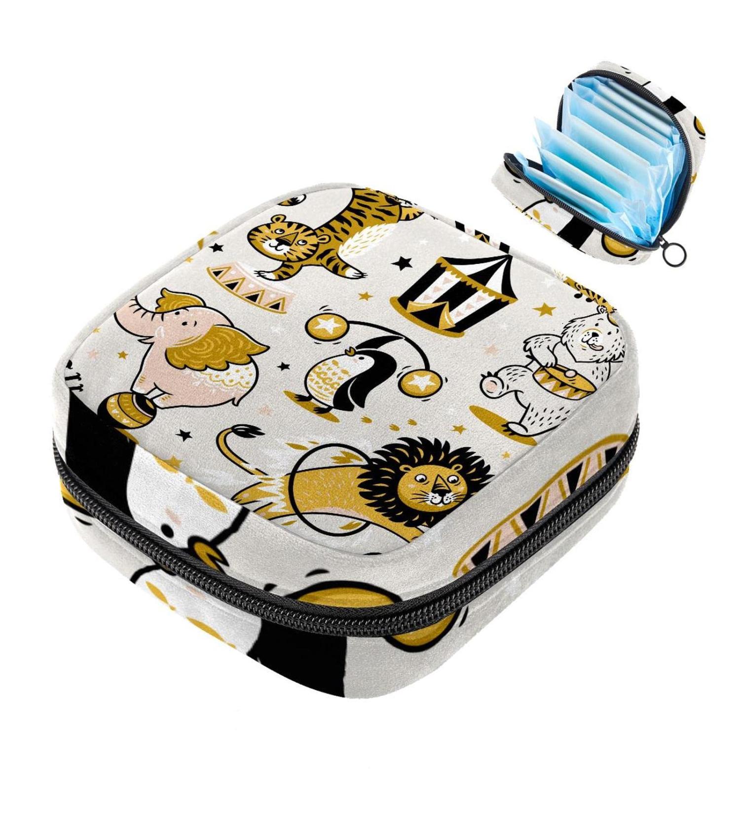 Womens Napkin Storage Bag - Circus Animal Design with Lion Tiger & Penguin | Funny Menstrual Cup & Portable Bandage Storage for First Period - Buy Online on GoSupps.com