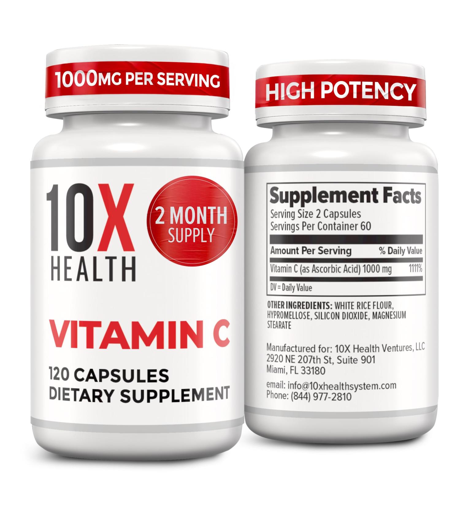 10X Health Vitamin C 1000mg - 120 Capsules Vitamin C High Dose Ascorbic Acid for Immunity Antioxidant Protection Collagen & Tissue Support for Adults - VitaminC 1000 mg - Non-GMO Gluten-Free - Buy Online on GoSupps.com
