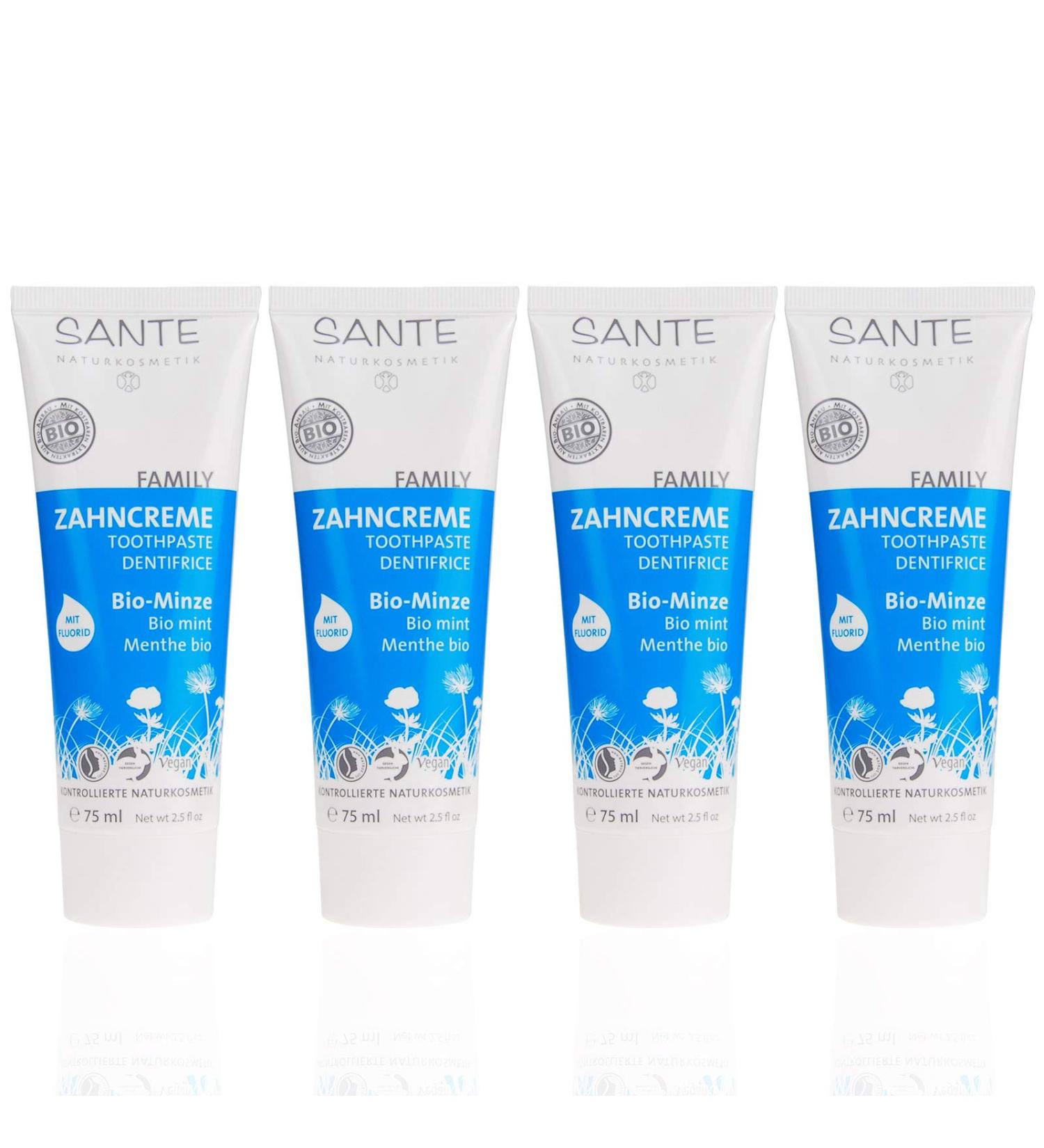 SANTE Family Toothpaste (4 x 75 ml) Wonderful organic mint Pleasant organic sage Vegan Fluoride-containing Natural cosmetics