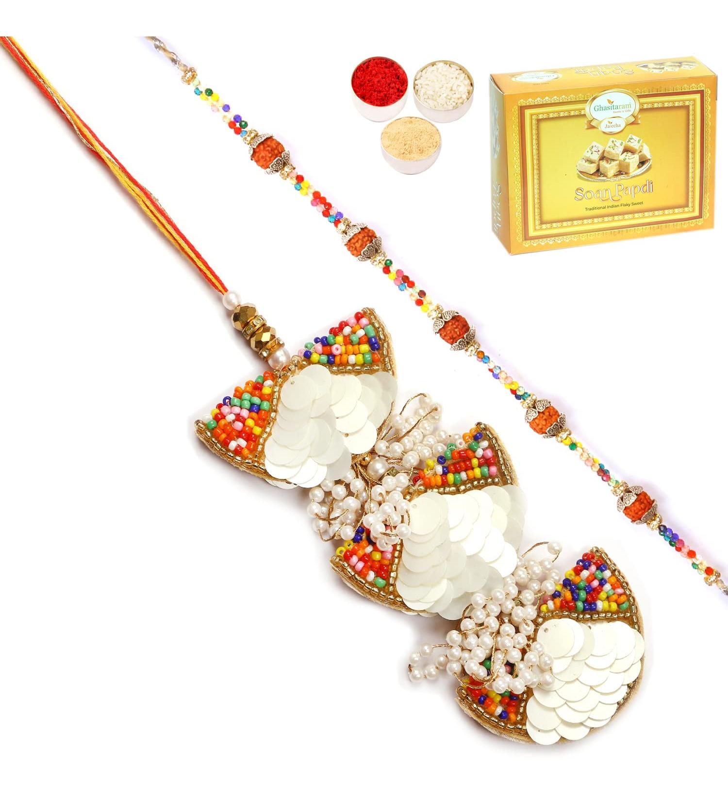 Ghasitaram Gifts Rakhis Online - Rakhi for Brother-RM-122 Bhaiya Bhabhi Rakhi with 400 GMS of Soan Papdi Rakhi Set with 400 gms of Soan Papdi - Buy Online on GoSupps.com
