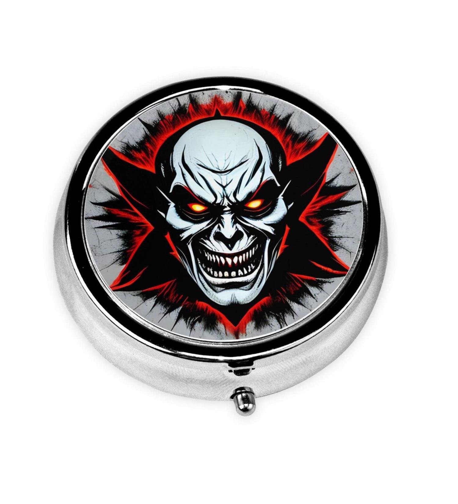 Red & Black Evil Ghost Round Pill Box - 3 Compartment Organizer for Travel & Purse - Buy Online on GoSupps.com