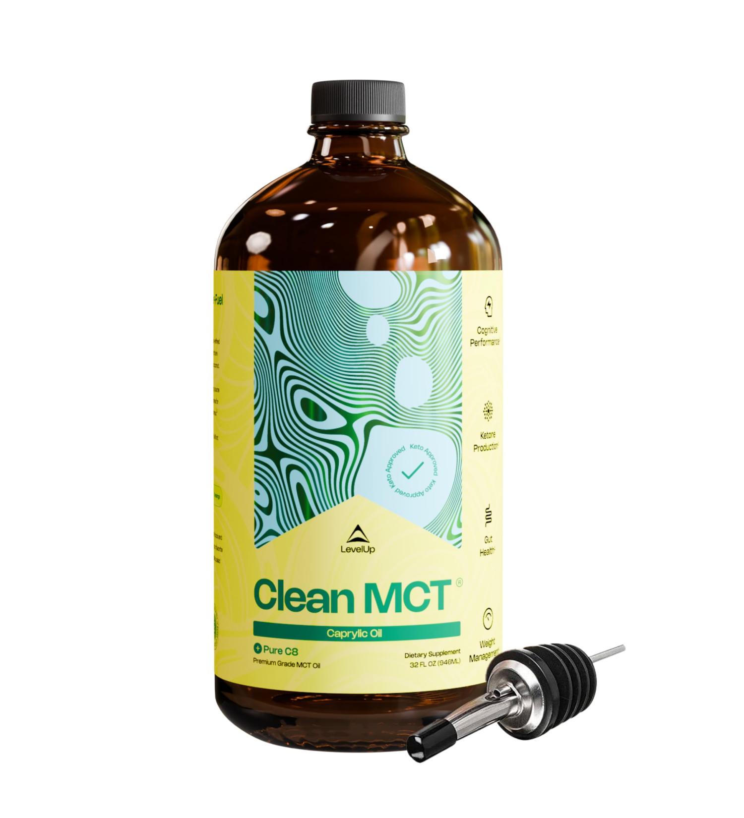 LevelUp Clean MCT Oil - 100% Caprylic C8 for Energy Focus Gut Health Brain Superfuel - Keto Supplement for Ketogenic Coffee and Ketones - Non-GMO (32 oz Glass Bottle) 32 Fl Oz (Pack of 1) - Buy Online on GoSupps.com