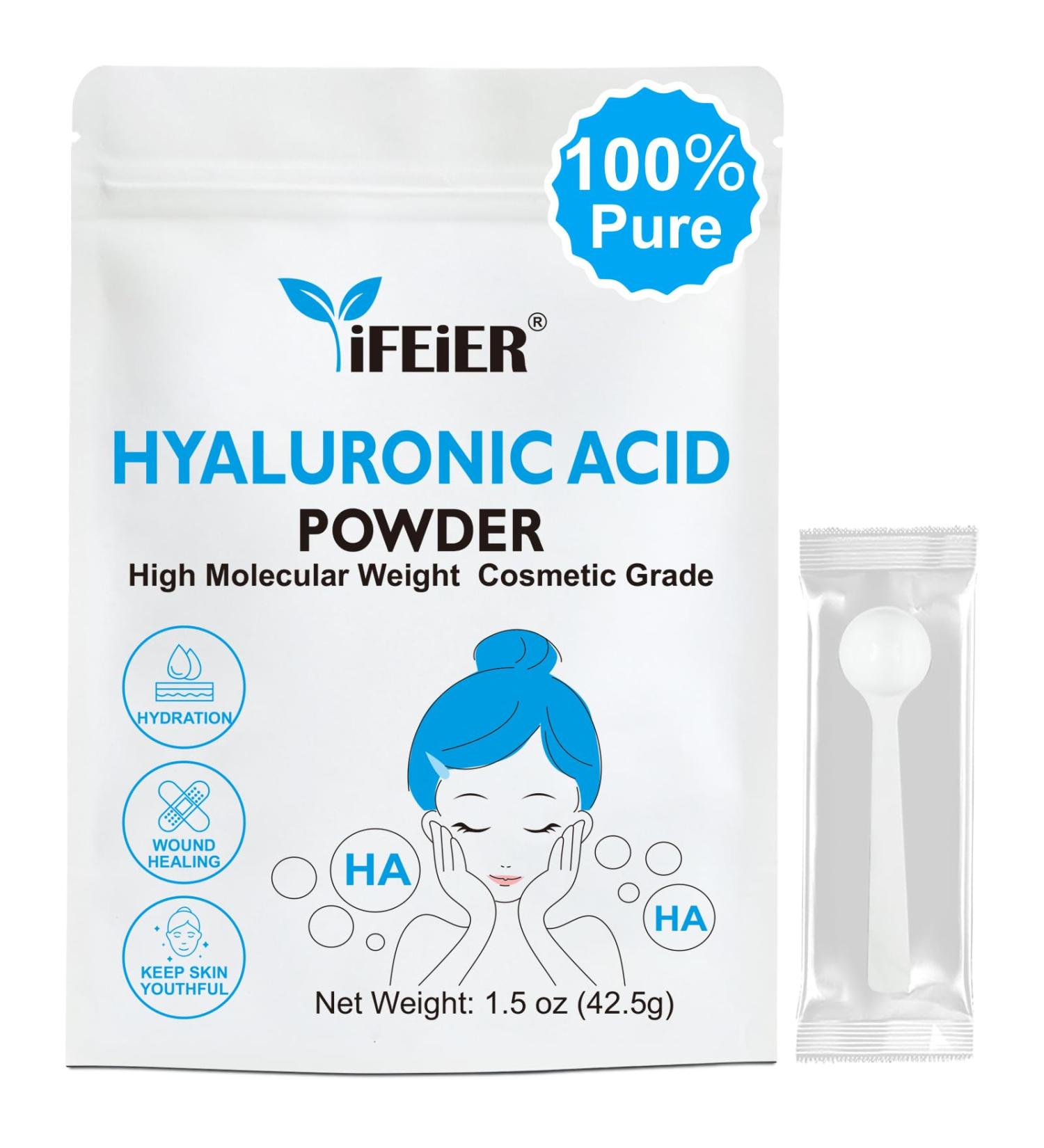 iFEiER Hyaluronic Acid Powder | High Molecular Weight Hyaluronic Acid Serum Powder | 1.5oz(42.5g) Cosmetics Grade | Sodium Hyaluronate | LMW HMW HA ingredient to make gel for DIY Serums - Buy Online on GoSupps.com