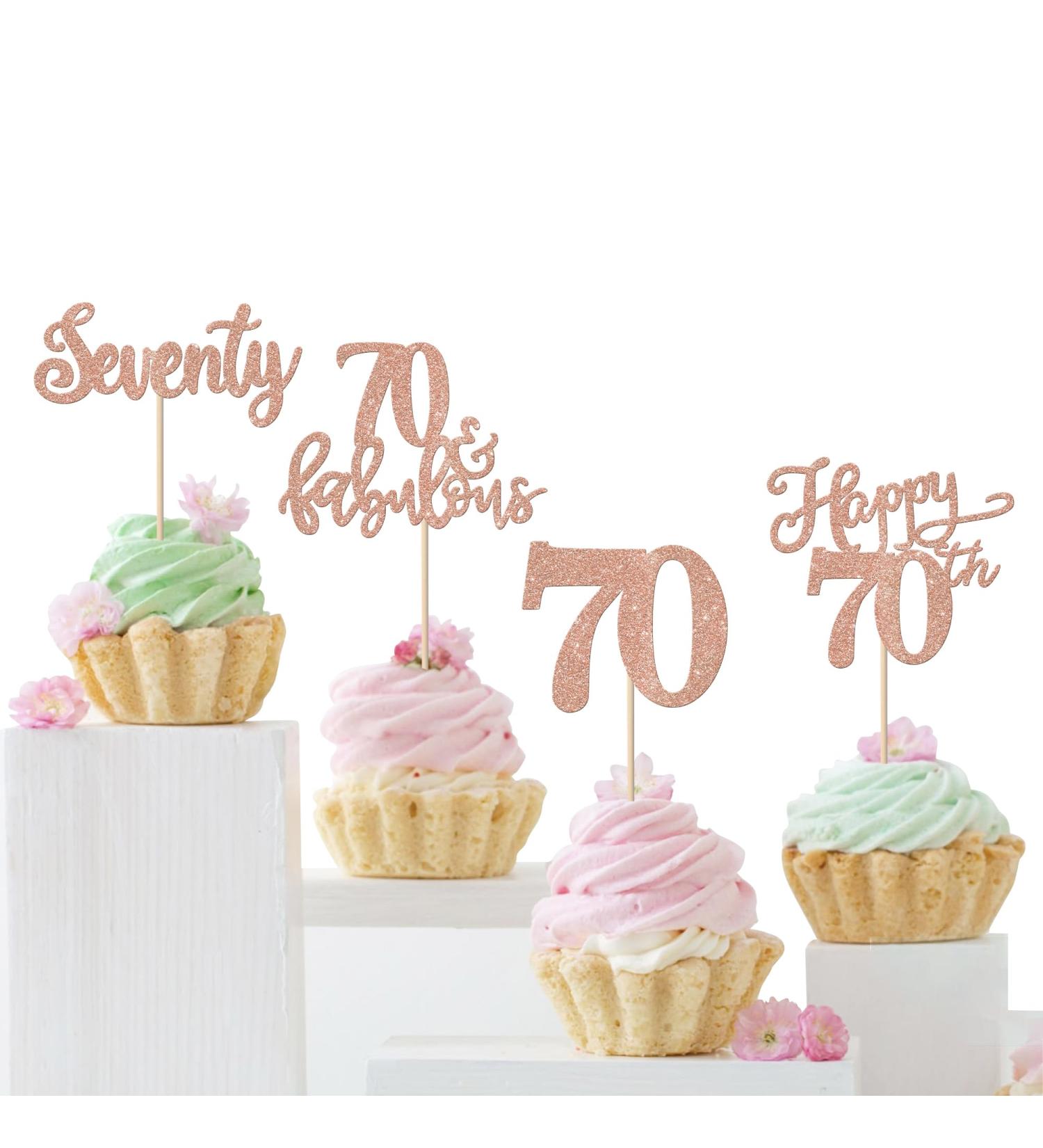 Rsstarxi 24 Pack 70th Birthday Cupcake Toppers Glitter 70 Fabulous Cake Decorations Seventy Happy 70 Birthday Cupcake Toothpicks for 70th Birthday Anniversary Party Decorations Rose Gold Design 1 70th Rose Gold