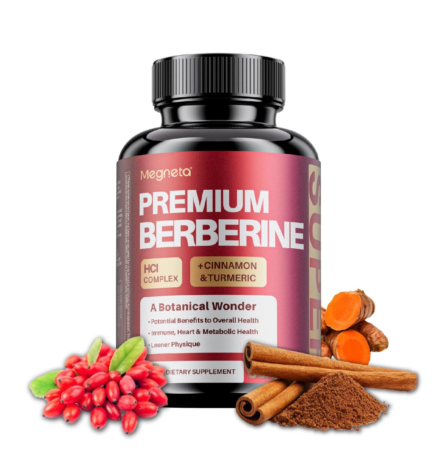 MEGNETA Premium Berberine HCl Complex with Cinnamon & Turmeric Heart Health Help Sugar Metabolism Balanced 60 Capsules 30-Day Supply - Buy Online on GoSupps.com