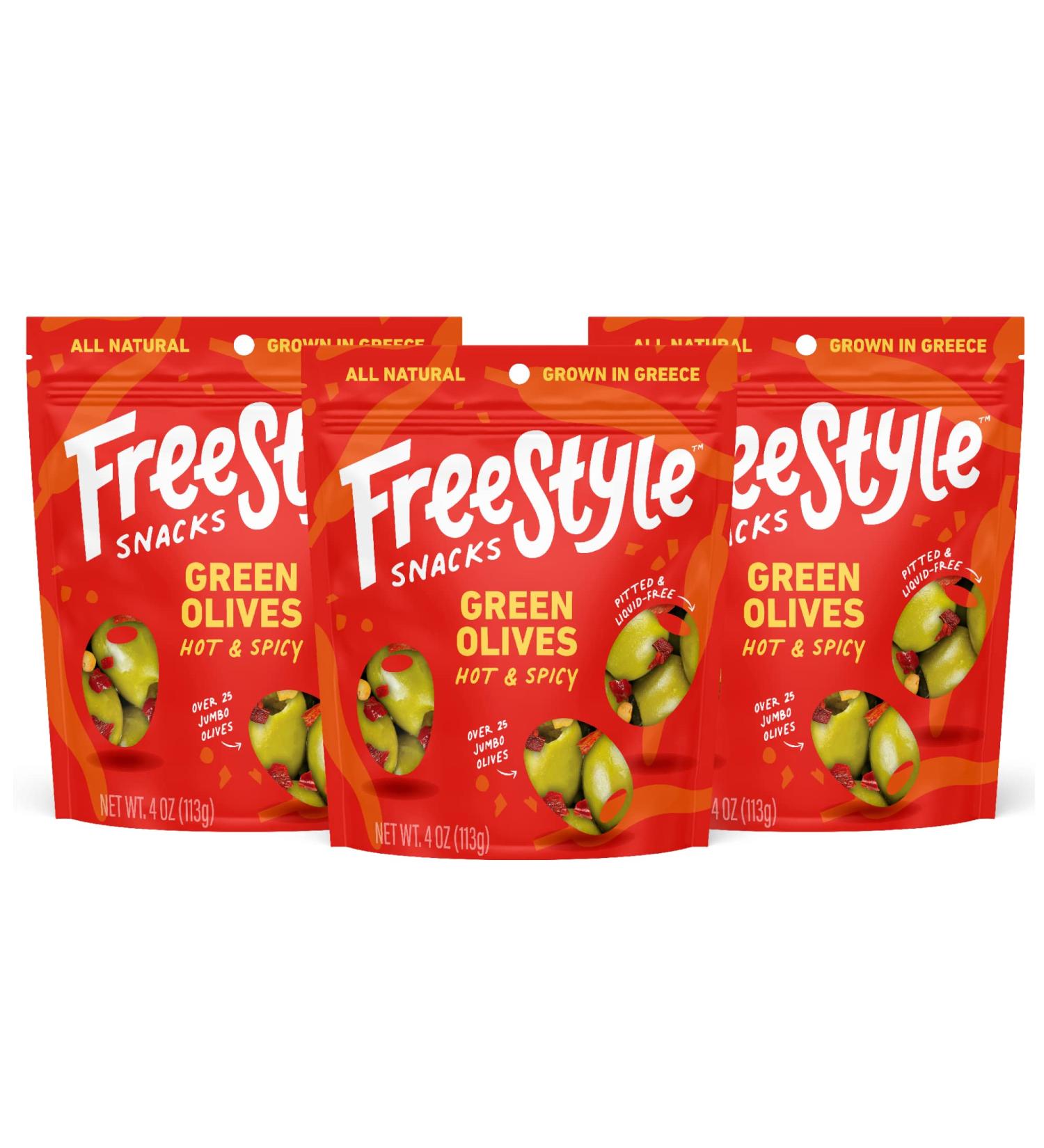 Freestyle Snacks Jumbo Green Olives - Grown in Greece, All Natural, Non-GMO, Paleo & Keto Friendly, Hot & Spicy Salty Snack, 4oz (3 Pack) - Buy Online on GoSupps.com