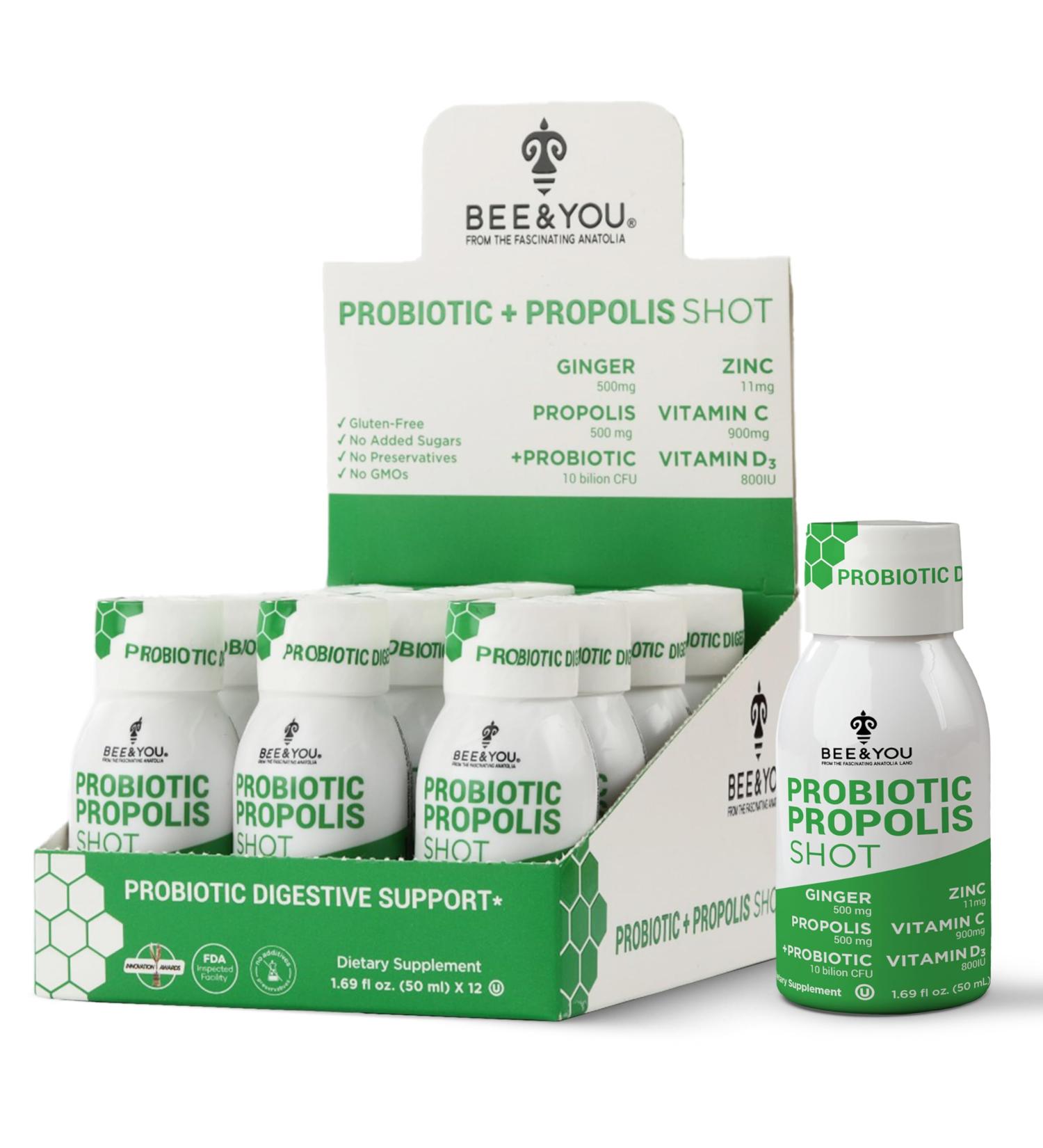 Bee and You Propolis Immune Shot Probiotic Vitamin C Vitamin D3 Zinc Ginger Immune Support Gut Health Digestive Health Bioactive 1.69 Fl. oz 12 Pack Ginger & Orange Juice - Buy Online on GoSupps.com