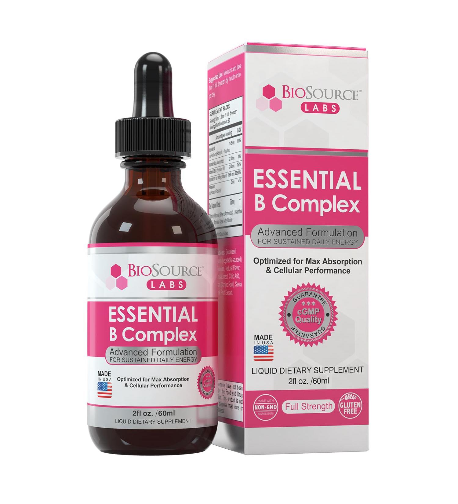 BioSource Labs Essential B Complex - Daily Vegan Vitamin B-Complex Sublingual Liquid Drops w/Methyl B12 (2oz / 60ml Bottle) - 60-Day Supply - Buy Online on GoSupps.com