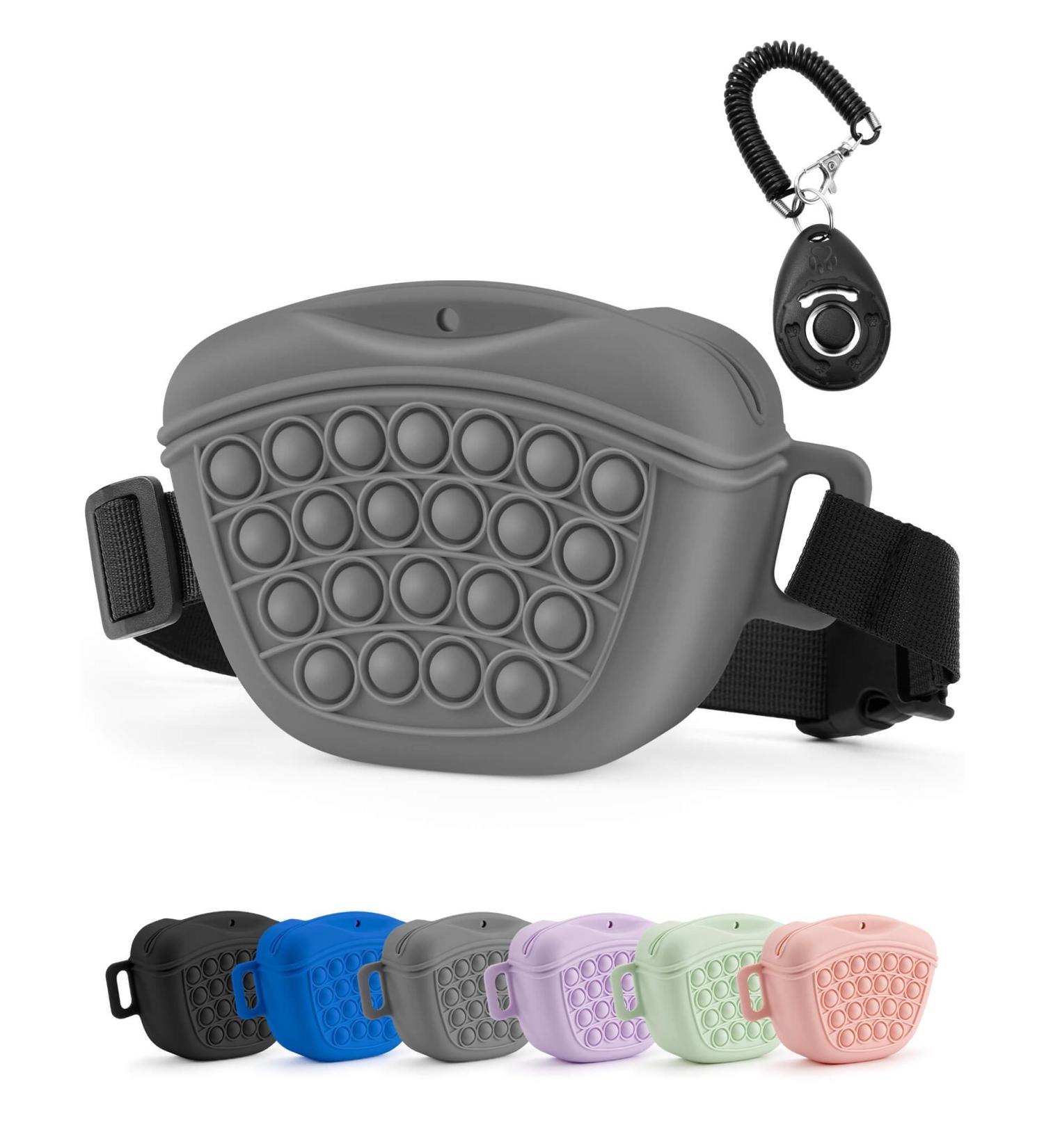 Gobeigo Silicone Dog Treat Bag & Training Clicker - Magnetic Closure for Treats Puppy Training & Dog Walks - Gray Hip Belt Fanny Pack - Buy Online on GoSupps.com
