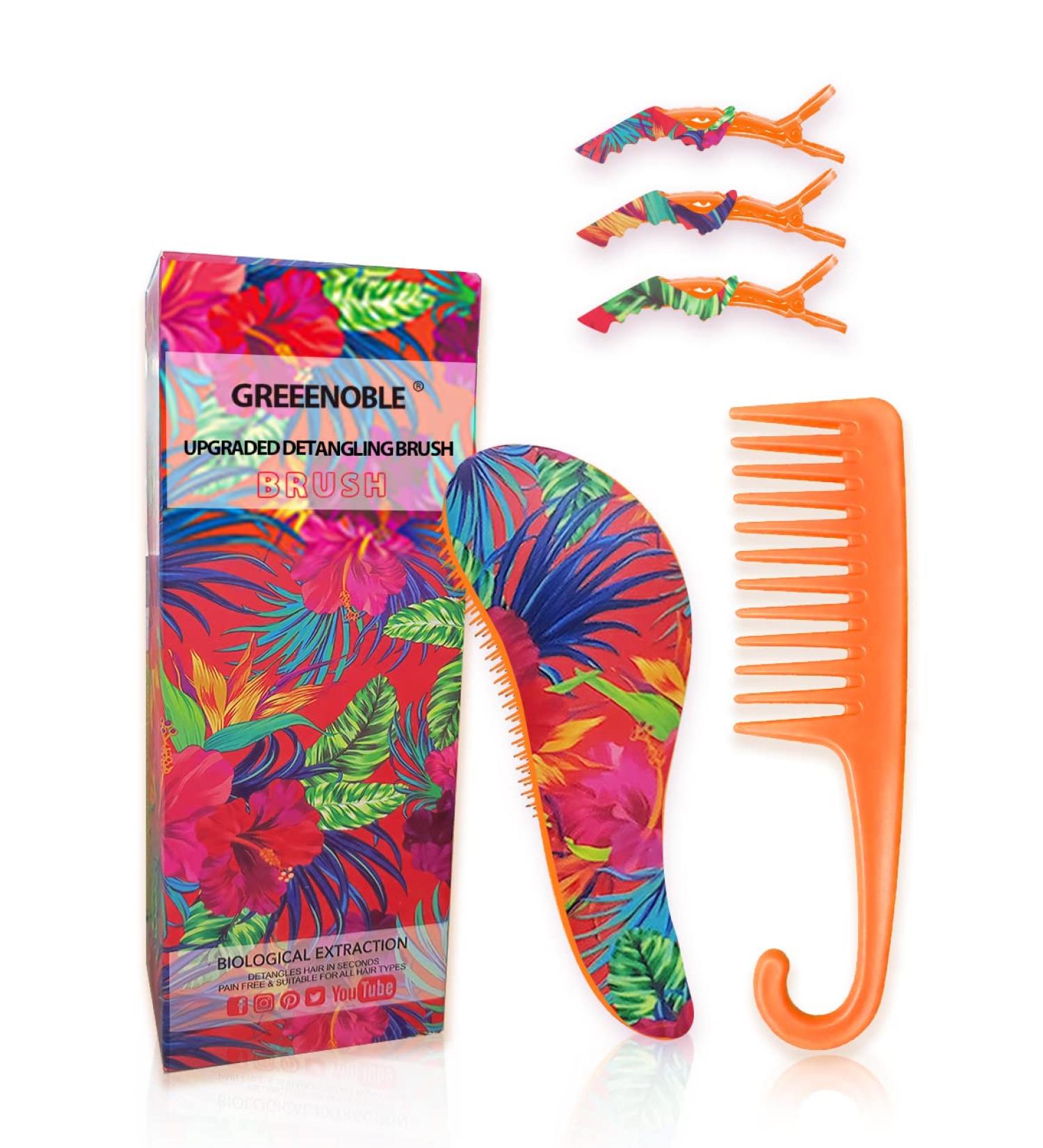 Detangling Hairbrush and Comb Set for All Hair Types - Includes Wide Tooth Comb and 3 Styling Clips - Professional Quality for Women & Kids (Tropica Plants) - Buy Online on GoSupps.com
