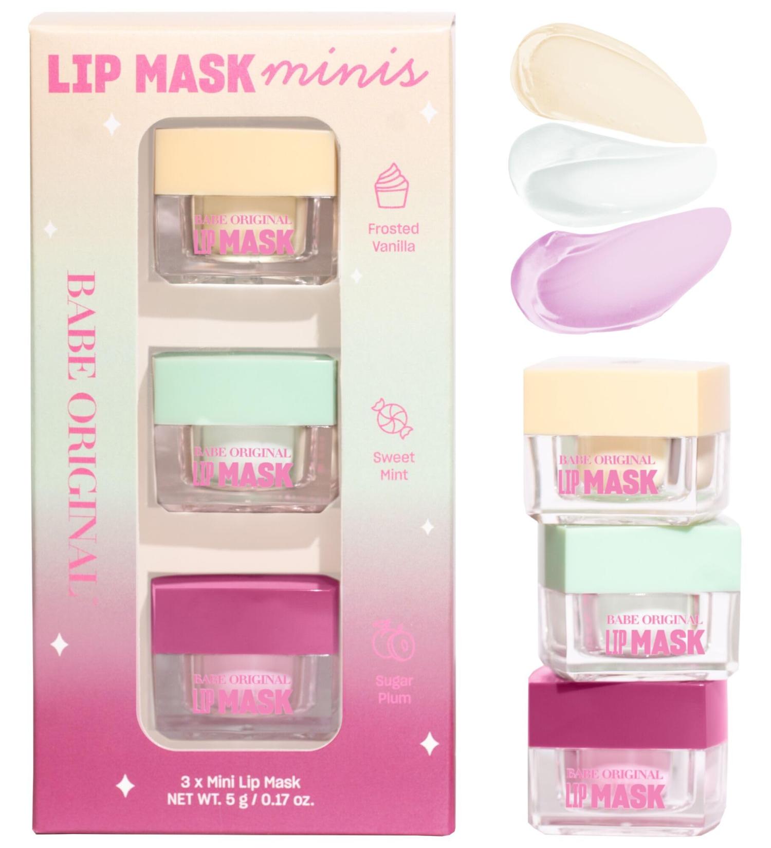 BABE ORIGINAL Lip Mask Minis Trio, Set of 3, Overnight Lip Mask for Dry Lips | Frosted Vanilla, Sweet Mint & Sugar Plum Scented | Vitamin E, Roship Oil & Hyaluronic Acid for Smoother, Moisturized Lips - Buy Online on GoSupps.com