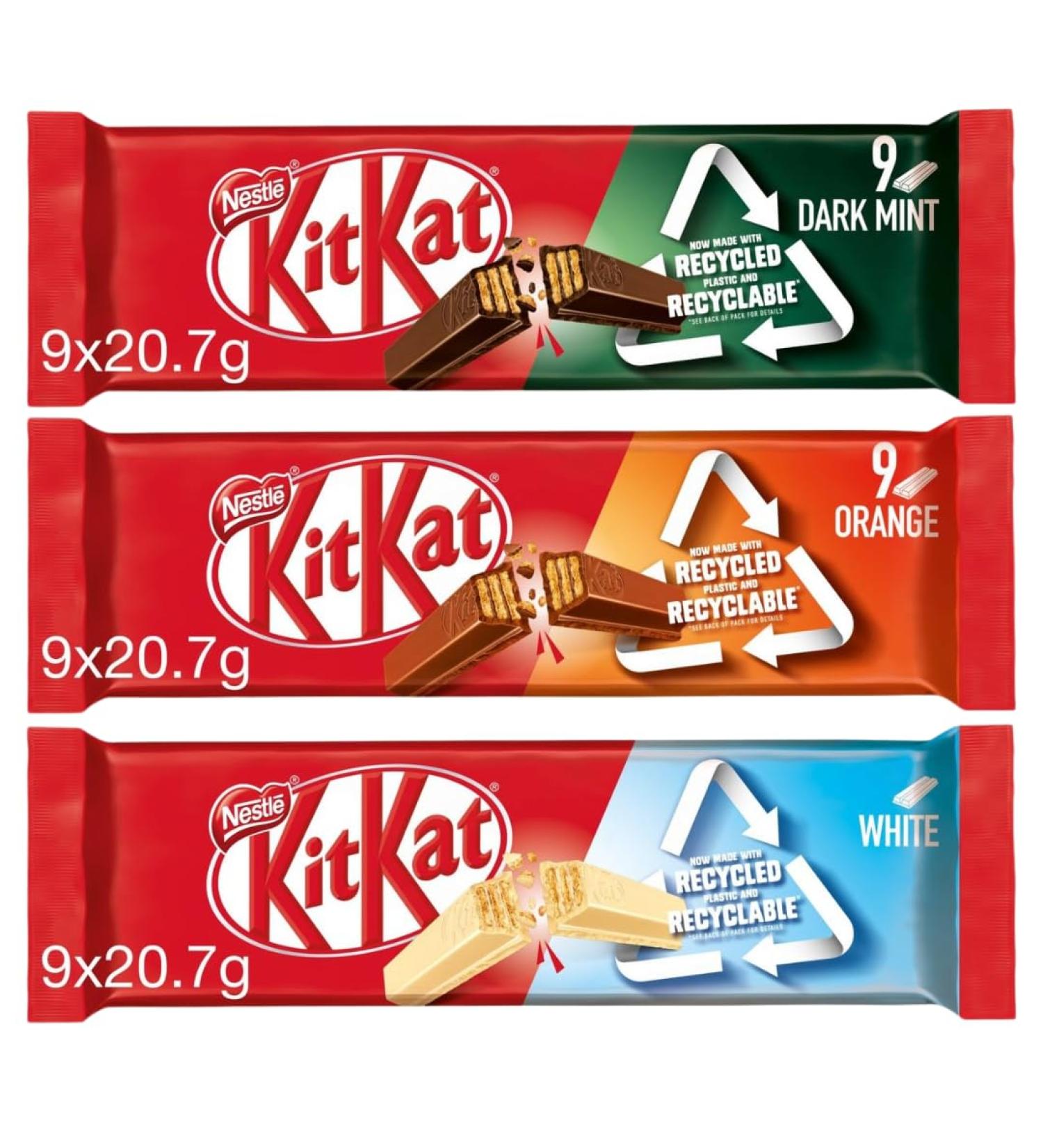 Chocolate Biscuit Bar Bundle with Kit Kat 2 Finger Dark Mint Chocolate Biscuit 9 x20.7g Bars Orange Chocolate Biscuit 9x20.7g Bars and White Chocolate Biscuit 9x20.7g Bars (3 Pack) - Buy Online on GoSupps.com