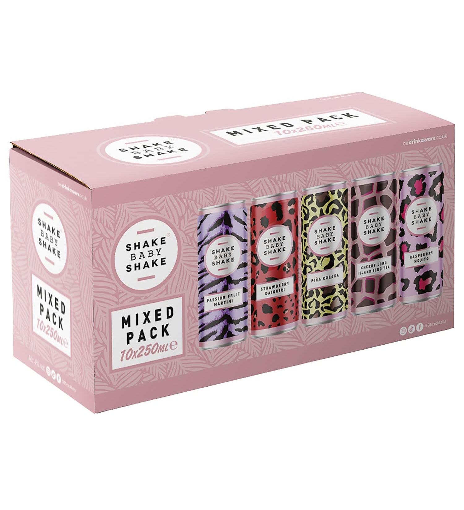 Shake Mixed Pack 10 x 250ml - Ready to Drink - Includes - 2 x Passion Fruit Martini - 2 x Strawberry Daiquiri - 2 x Pina Colada - 2 x Cherry Long Island Ice Tea - 2 x Raspberry Mojito