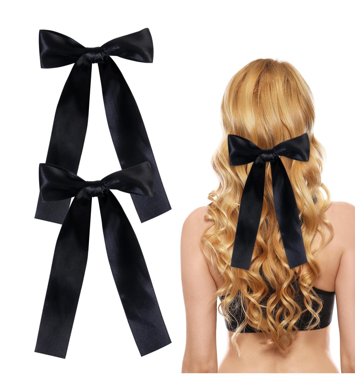 2 Pack Hair Bows for Girls and Women Large Bow Hair Clips Hair Barrette with Long Silky Satin Black Hair Accessories for Girls(Black) - Buy Online on GoSupps.com