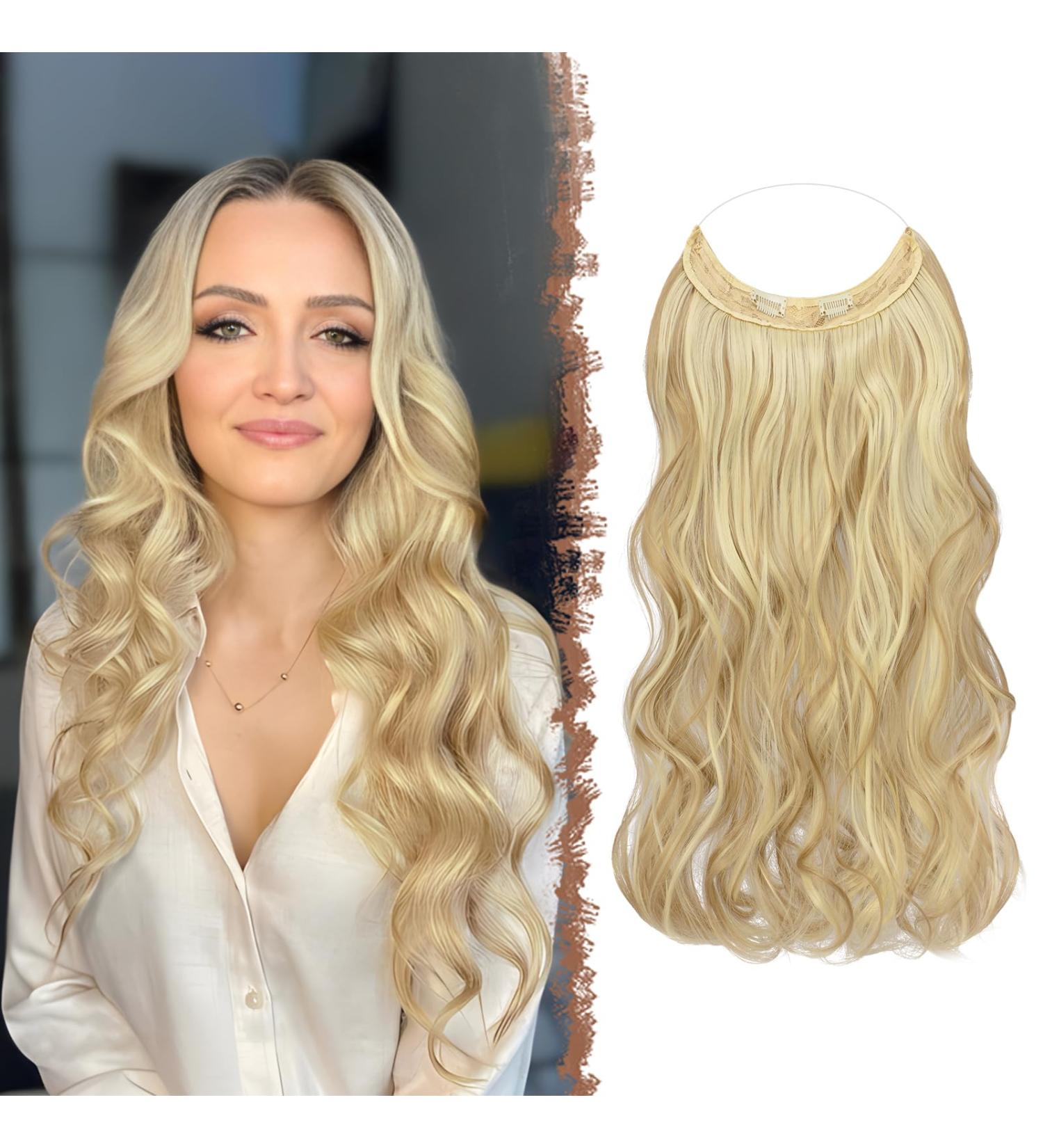 Feshfen Invisible Hair Extensions | Adjustable Dark Ash Blonde 50cm Curly Wire Extensions for Women - Buy Online on GoSupps.com
