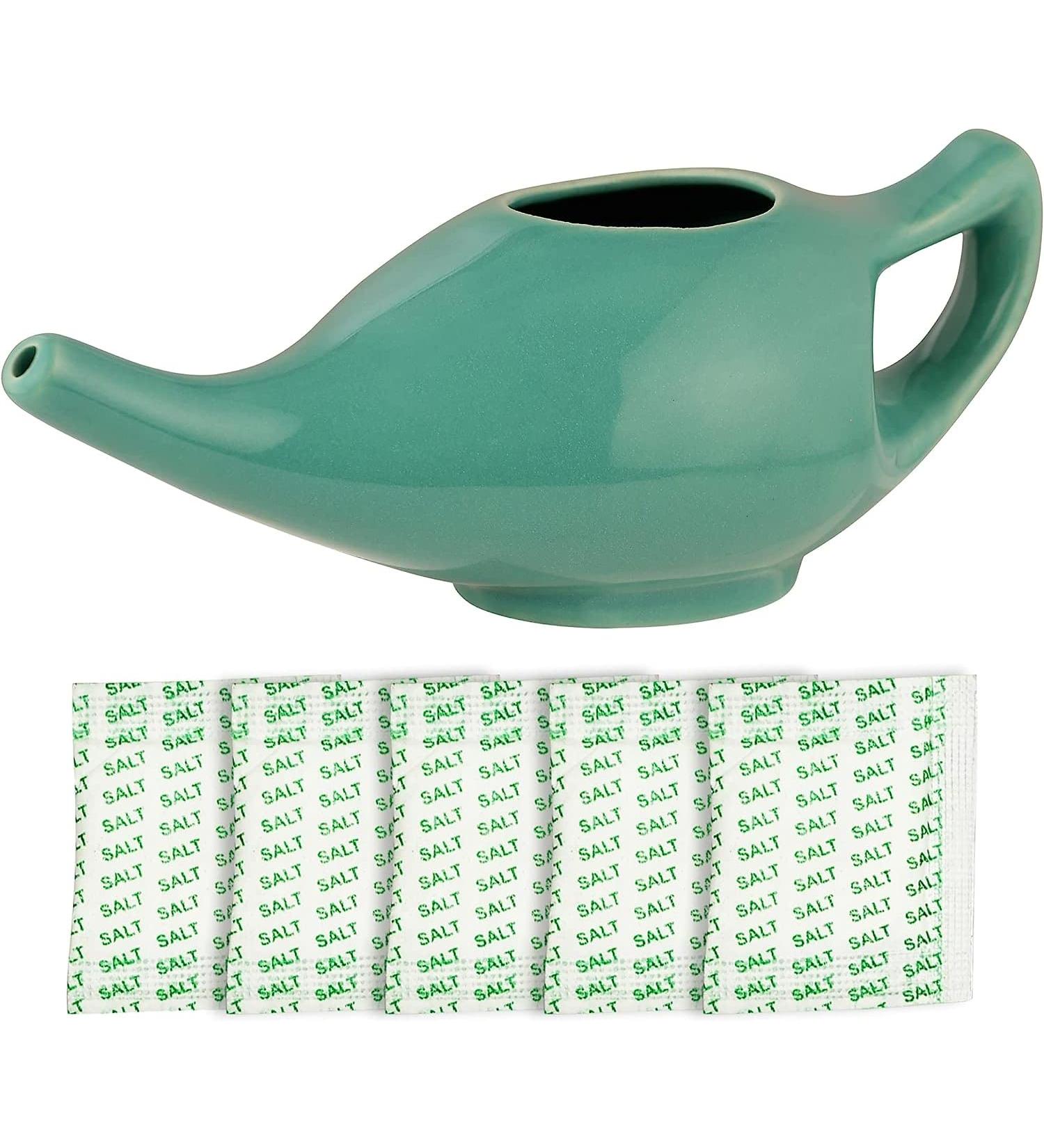 Porcelain Ceramic Neti Pot for Nasal Cleansing in Turquoise Color | Leak Proof, Durable Design | Natural Sinus Infection Relief with 10 Neti Salt Sachets - Buy Online on GoSupps.com