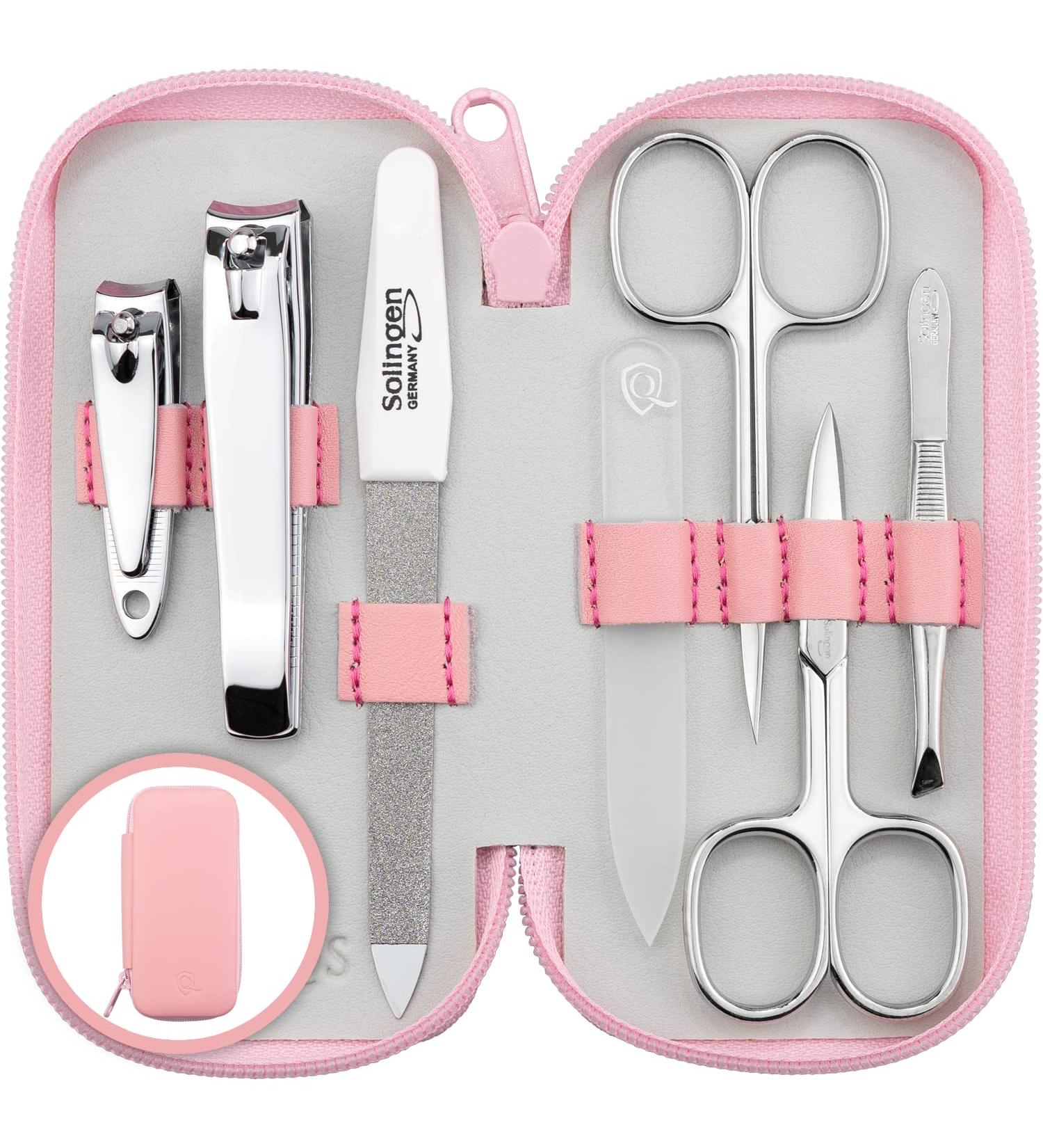 Marqus 7-Piece Manicure Set for Men & Women - Solingen Quality Patented Glass Files Real Leather Etui - Soft & Handy - Pink - Buy Online on GoSupps.com