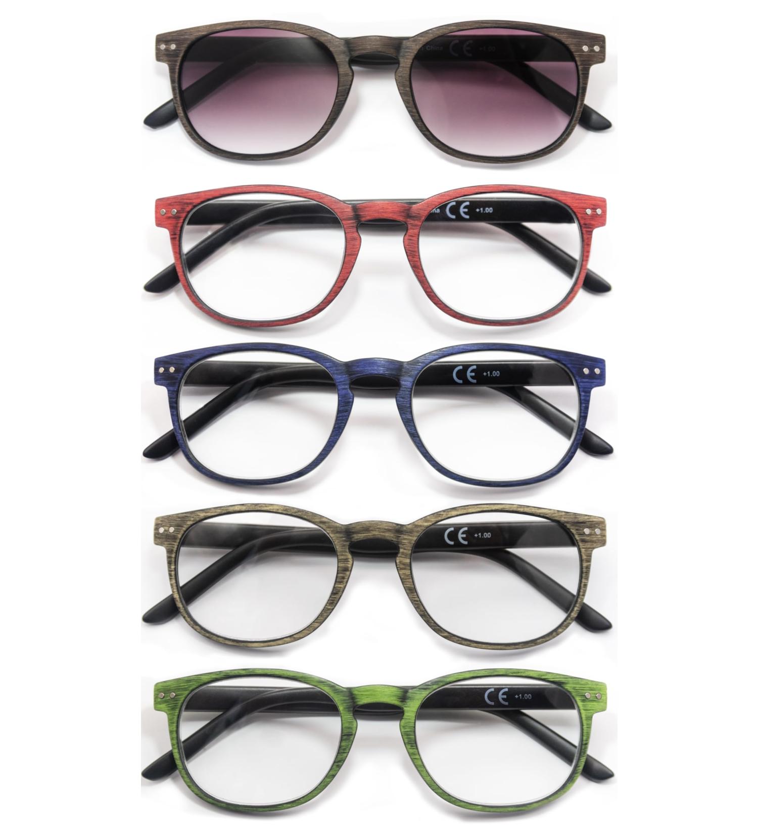 HEEYYOK Reading Glasses 5-Pack for Men/Women - Lightweight Comfortable Readers with Wood Look Design & Flexible Spring Hinges - 2.50 Magnification - Stylish Mix Colors & 5 Pouches Included - Buy Online on GoSupps.com