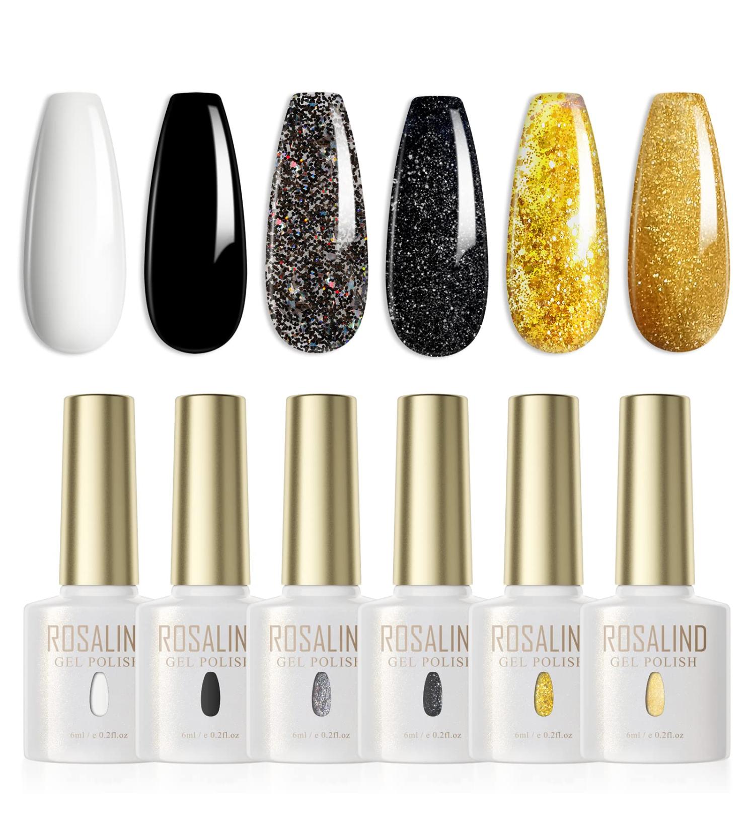 ROSALIND 6PCS White Black Gel Nail Polish Set with Silver Gold Glitter - Soak Off All Seasons Manicure Collection for Salon and Home DIY Nail Art - Buy Online on GoSupps.com