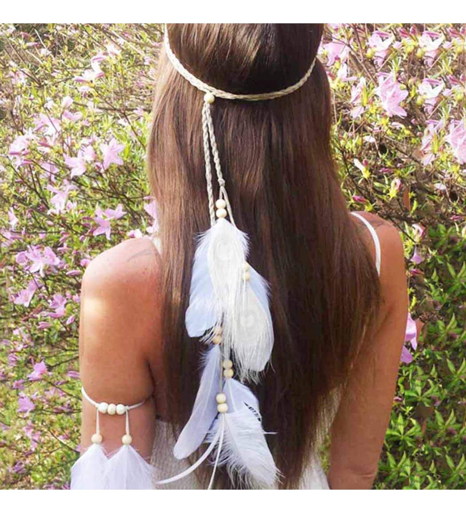 Nicute Boho Feather Headband Peacock Headpiece for Women and Girls - Beige - Buy Online on GoSupps.com