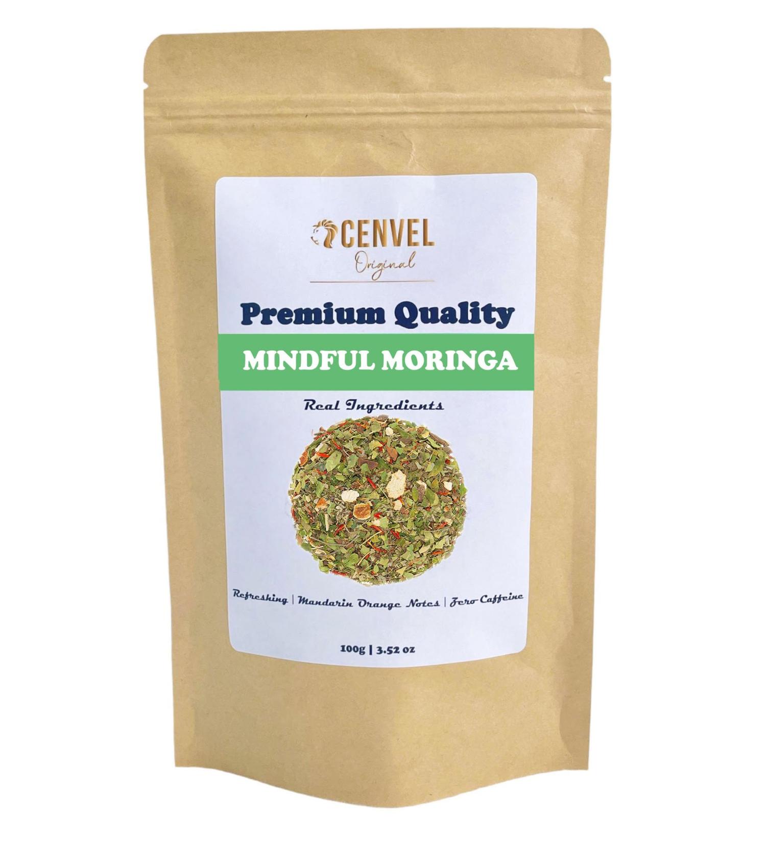CENVEL Mindful Moringa Is a Mix Of Moringa Strawberry Leaves Orange Pieces Cinnamon Dandelion Leaves Safflower Petals | Great Source Of Brain-Enriching Nutrients (100g) - Buy Online on GoSupps.com