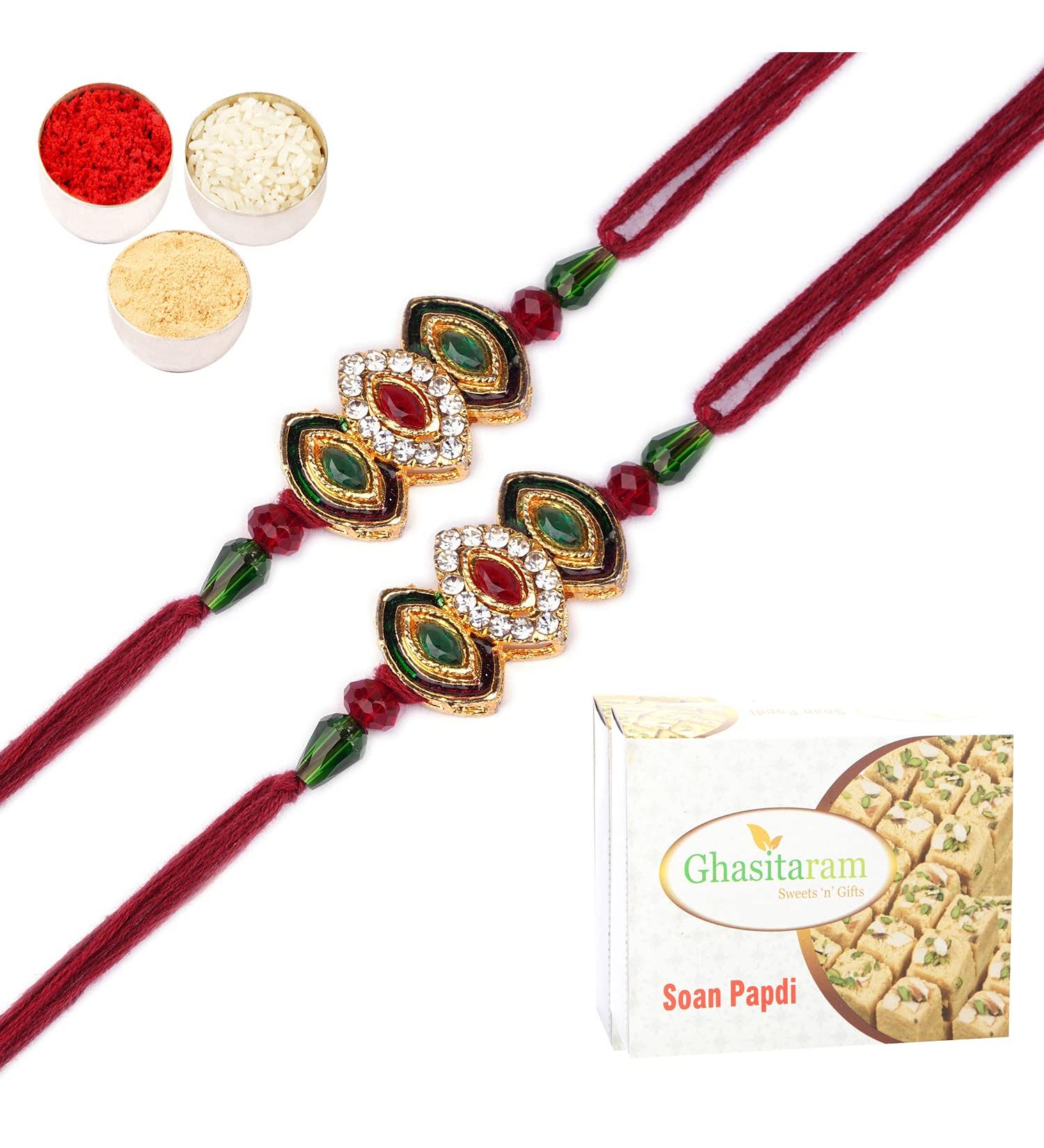 Ghasitaram Gifts Rakhi for Brother Rakhis Online - Set of 2-J-5429 Jewel Rakhis with 200 GMS of Soan Papdi Set of 2 Rakhis with 200 gms of Soan Papdi - Buy Online on GoSupps.com