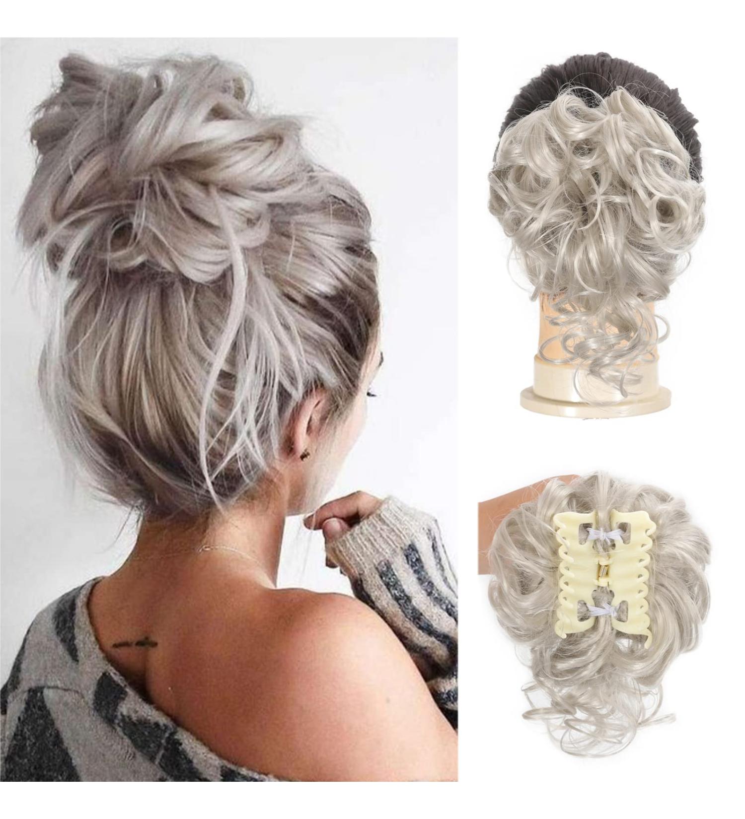 Light Grey Wavy Curly Messy Bun Hair Chignon Clip - Synthetic Hair Updo for Women & Girls - Buy Online on GoSupps.com