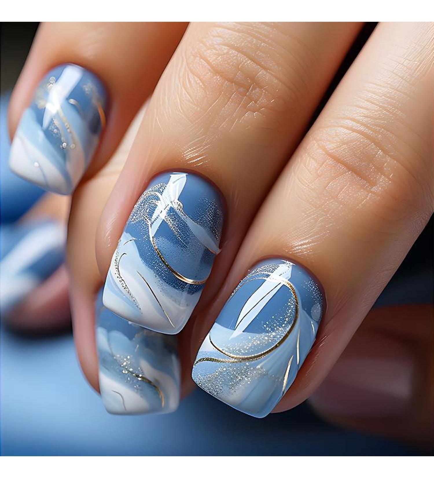 Buy Blue White Gradient Press on Nails - Short Square Fake Nails Glossy Full Cover Reusable Stick-On for Women - DIY Charm Manicure - Buy Online on GoSupps.com