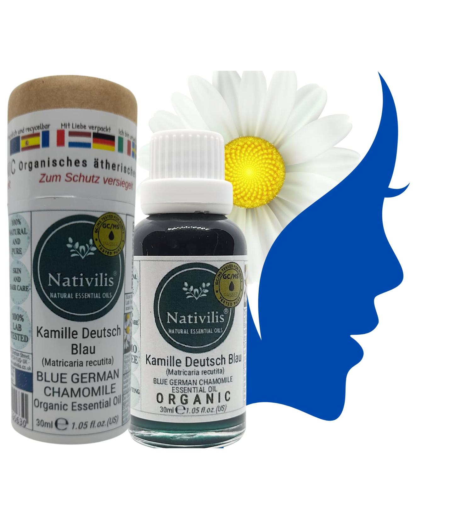 Nativilis Organic German Blue Chamomile Essential Oil - Anti-Inflammatory Soothing Skin Care & Hair Treatment for Lice & Dandruff - Natural Chamazulene Aromatherapy Solution - Buy Online on GoSupps.com