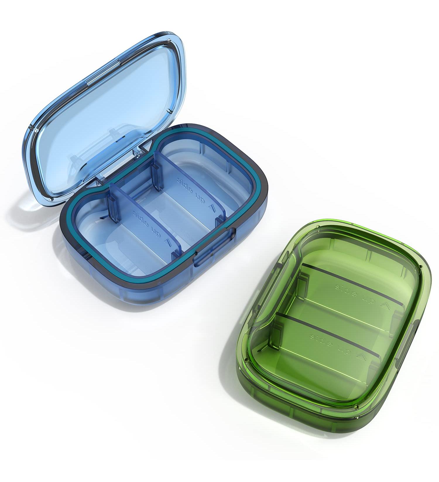 2 Pack Small Pill Box - Moisture Proof 3 Compartment Travel Organizer for Vitamins & Supplements | Portable Medicine Box in Green & Blue - Buy Online on GoSupps.com