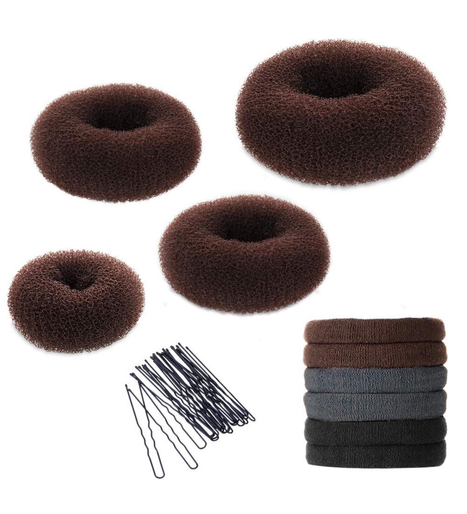 YaFex Hair Bun Maker Kit - 4 Donut Bun Makers & Accessories in Brown | Elastic Hair Ties and Bobby Pins Included - Buy Online on GoSupps.com