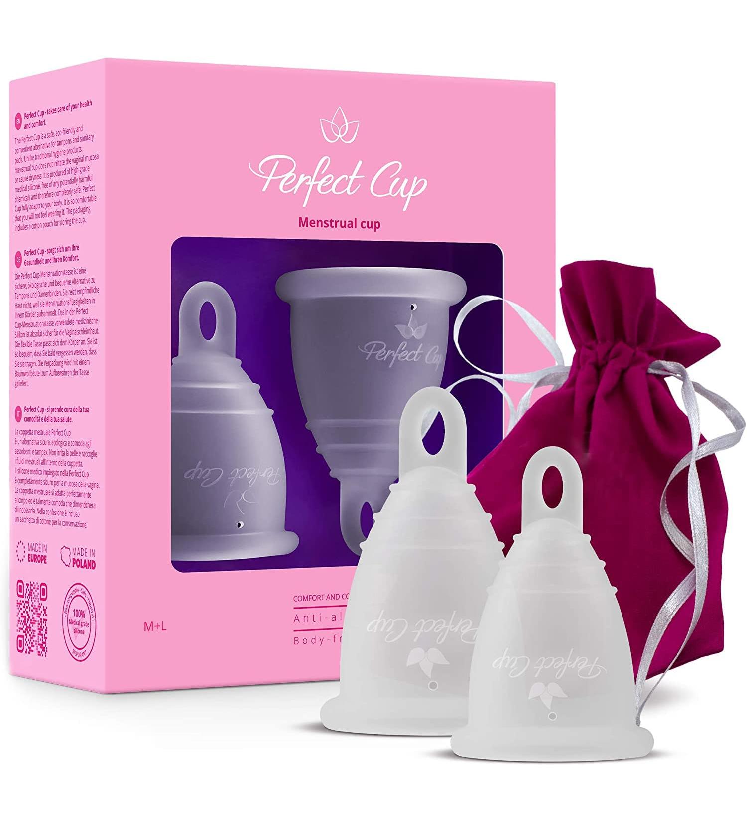 Perfect Cup Menstrual Cup - 100% Medical Silicone Vegan Soft & Flexible 12 Hours Protection Reusable - Sizes M + L - Transparent - Buy Online on GoSupps.com