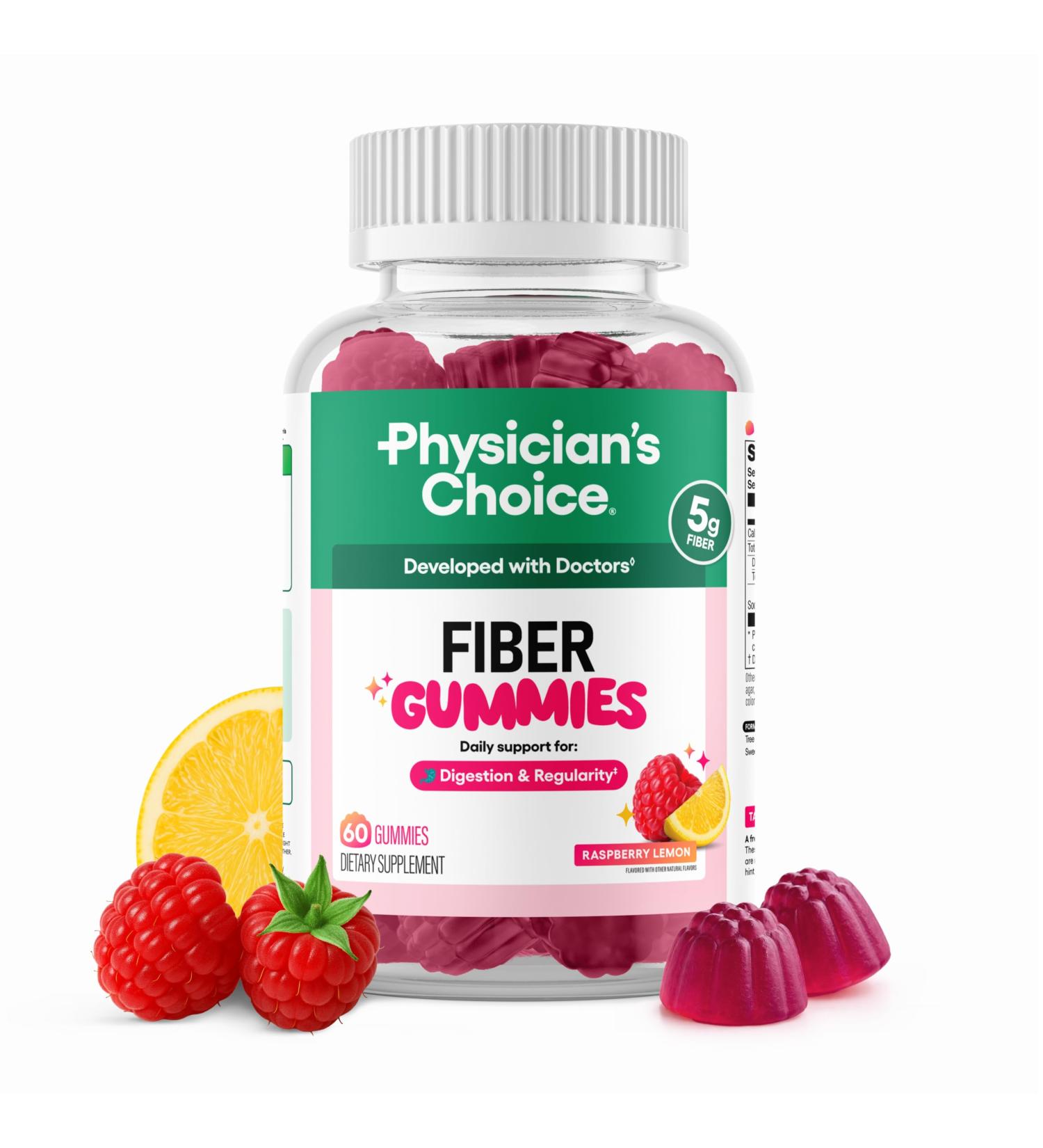 Physician s Choice Fiber Gummies for Digestive Health & Regularity - Raspberry Lemon Flavor - No Sugar Added & Vegan - Natural Chicory Root Prebiotic Fiber - Daily Gummy for Adults Women & Men - 60CT Fiber Gummies 60 Count  - Buy Online on GoSupps.com