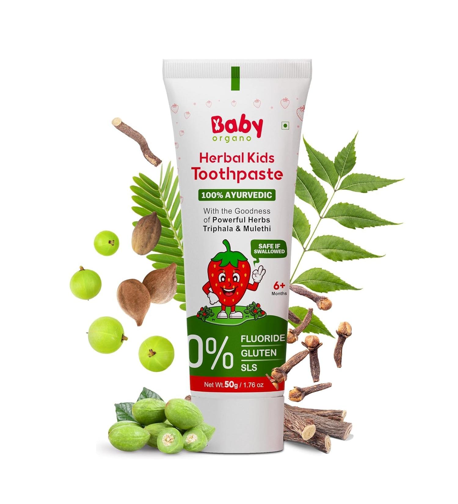 Babyorgano Herbal Kids Baby Toothpaste 0-5 Years 50gm Strawberry Flavor with Babool Khadir & Lodhra Stregthen Gums Bad Breath Prevent Tooth Decay | Fluoride SLS Free 50 g (Pack of 1) Light Pink - Buy Online on GoSupps.com