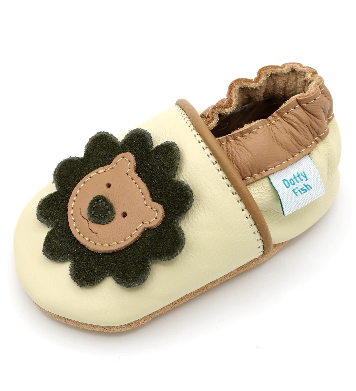 Dotty Fish Soft Leather Baby Shoes | Animal Designs for Boys & Girls | Non-Slip Toddler Shoes | Cream & Brown Lion | 0-6 Months to 4-5 Years - Buy Online on GoSupps.com