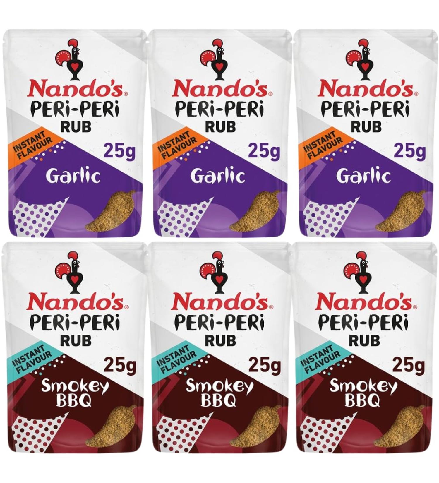 Peri Peri Seasoning Bundle With Nando's BBQ Seasoning Rub 25g x3 and Garlic Seasoning Rub 25g x3 (6 Pack) - Buy Online on GoSupps.com