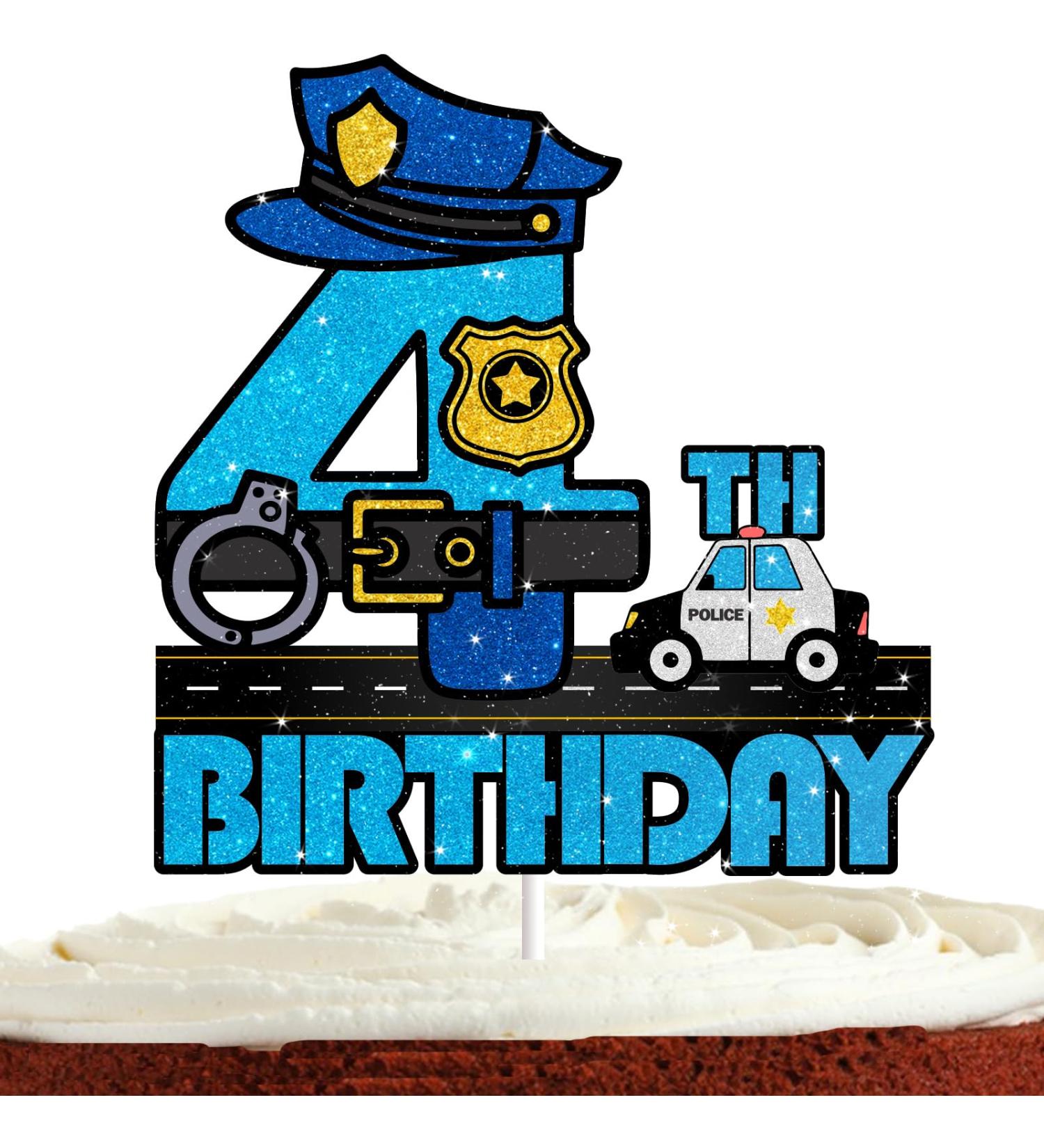 Police Cake Topper for Boys Girls 4th Happy Birthday Police Car Lights Sign Theme Party Decorations Supplies Glitter Blue Sheriff Police 4 Years Old Cake Decorations - Buy Online on GoSupps.com