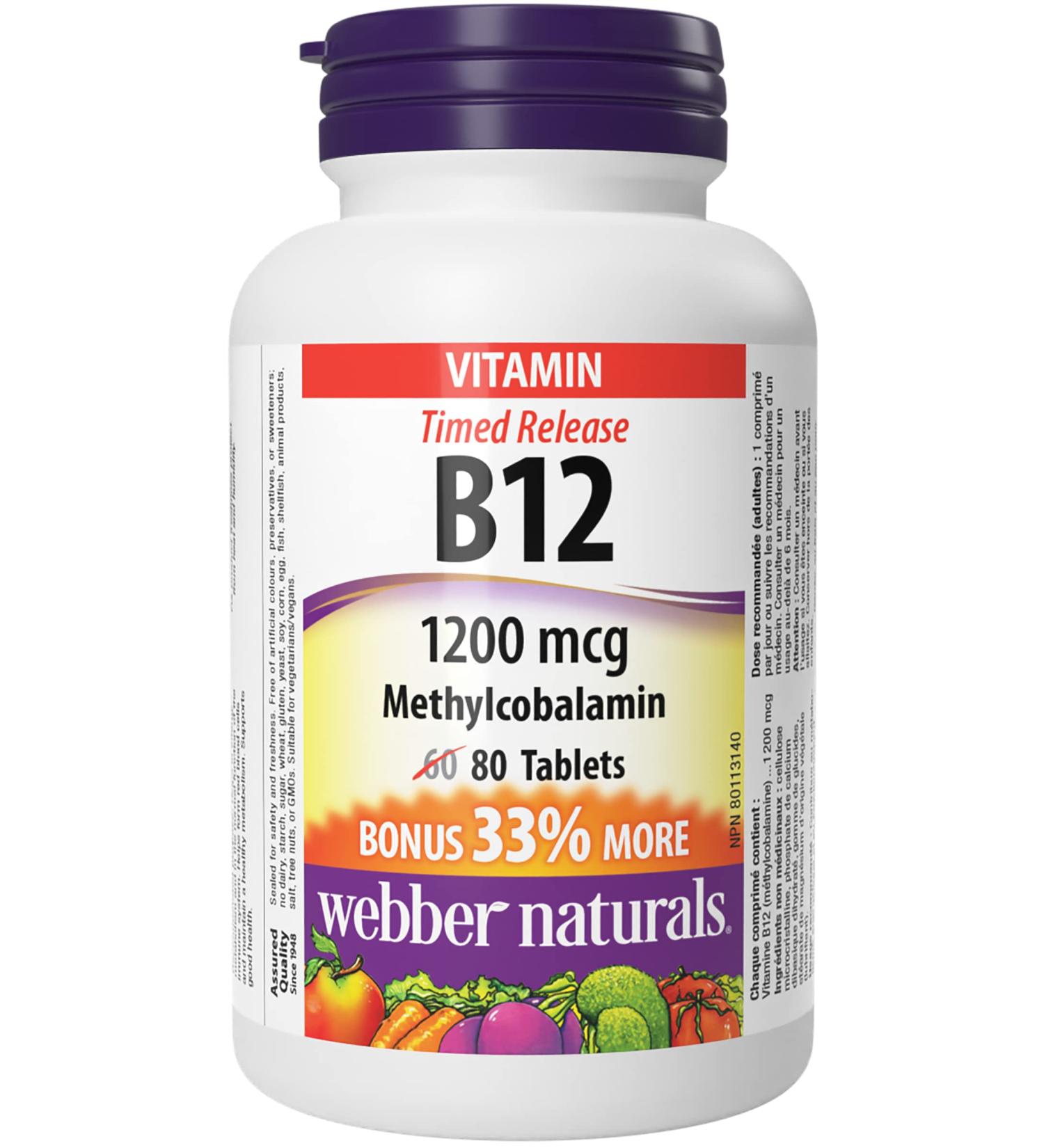 Webber Naturals Vitamin B12 1200 mcg Timed Release 80 Tablets Supports Energy Production and Metabolism Vegan 80 count (Pack of 1) Vitamin B12 - Buy Online on GoSupps.com