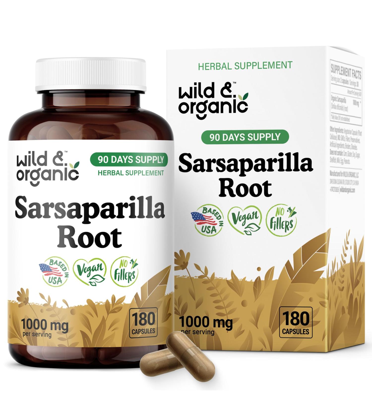 Wild & Organic Sarsaparilla Root 1000mg Capsules - Skin & Detox Support - Sarsaparilla Herb Extract Supplement - 90 Days of Supply - 180 Vegan Capsules - Non-GMO Gluten-Free No Fillers 180 Count (Pack of 1) - Buy Online on GoSupps.com