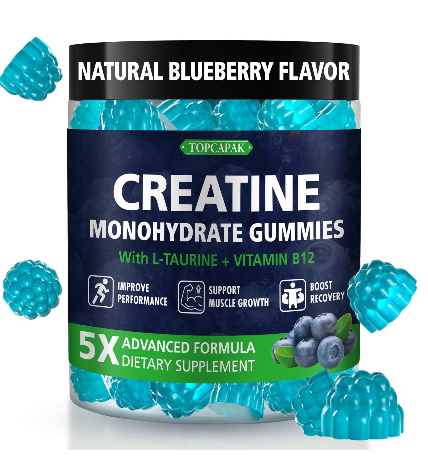 TOPCAPAK Creatine Monohydrate Gummies for Men & Women - Blueberry Flavor Raspberry-Shaped - 60 Gummies